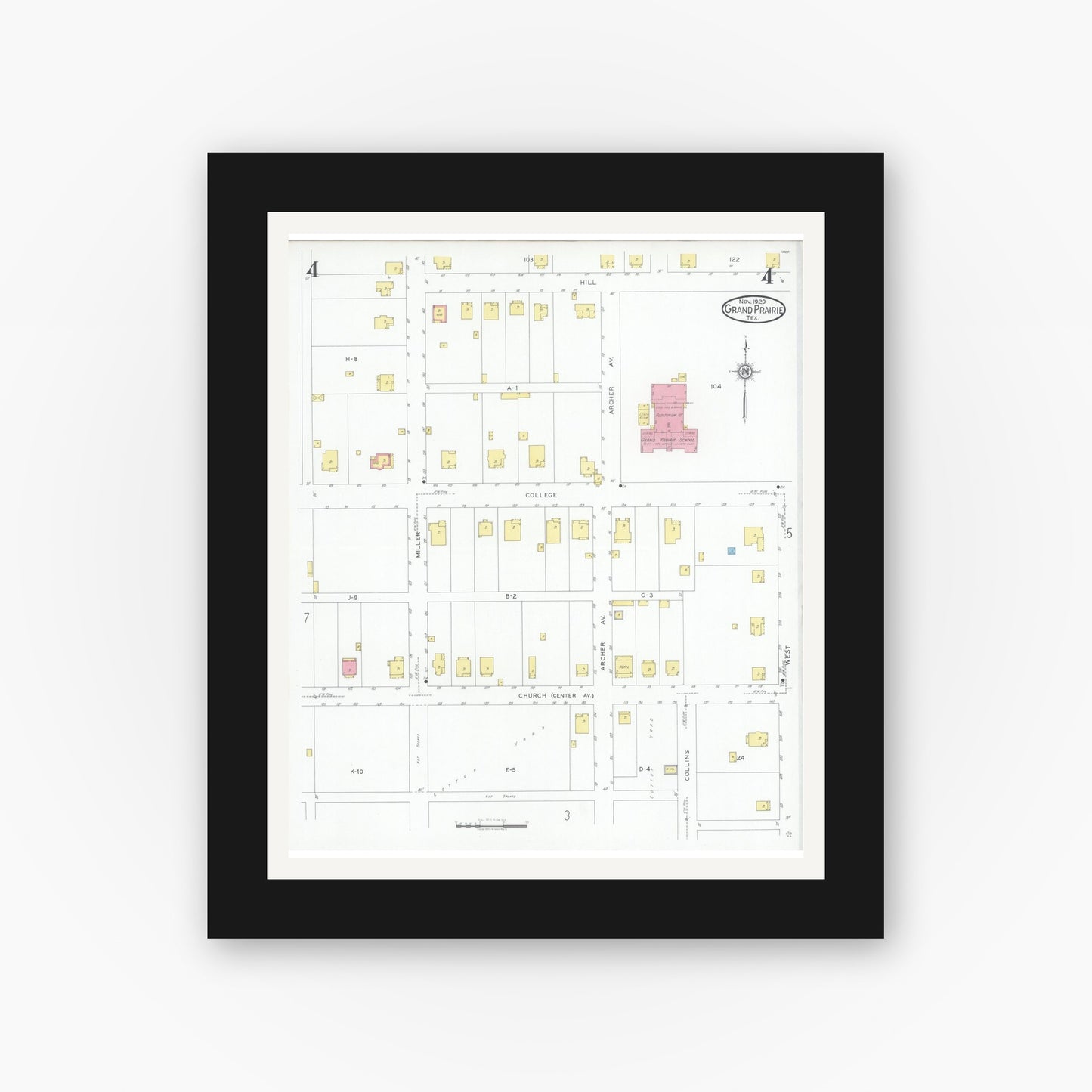 Old map wall art mockup — black gallery frame with white mat — Sanborn Fire Insurance Map from Grand Prairie, Dallas County, Texas (1929), Sheet #0004