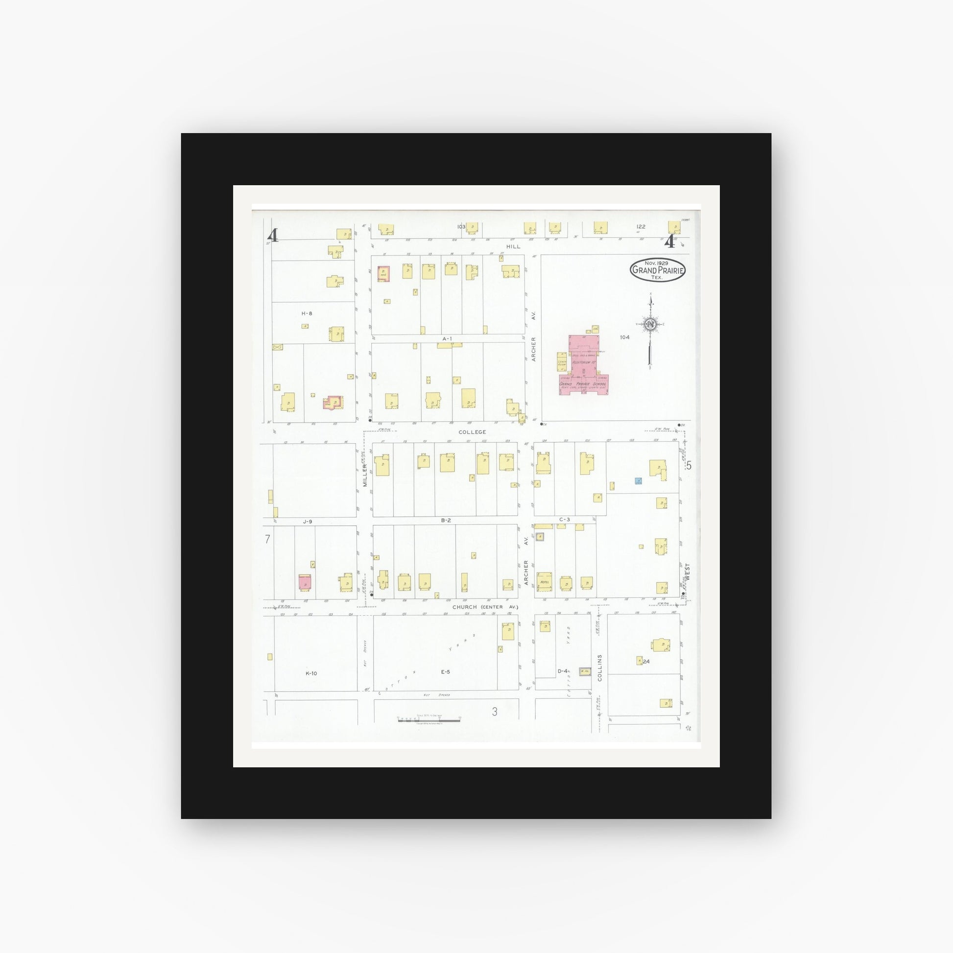 Old map wall art mockup — black gallery frame with white mat — Sanborn Fire Insurance Map from Grand Prairie, Dallas County, Texas (1929), Sheet #0004