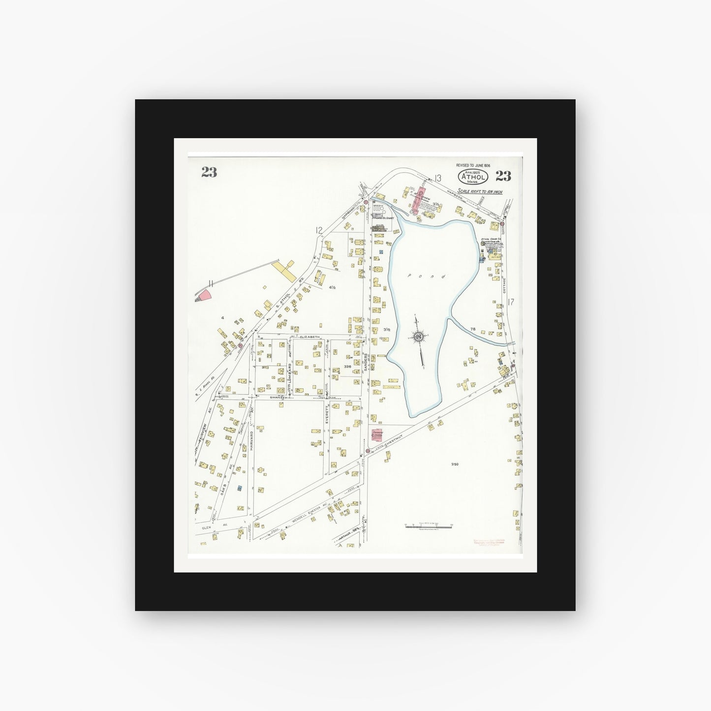 Old map wall art mockup — black gallery frame with white mat — Sanborn Fire Insurance Map from Athol, Worcester County, Massachusetts (1936), Sheet #0023