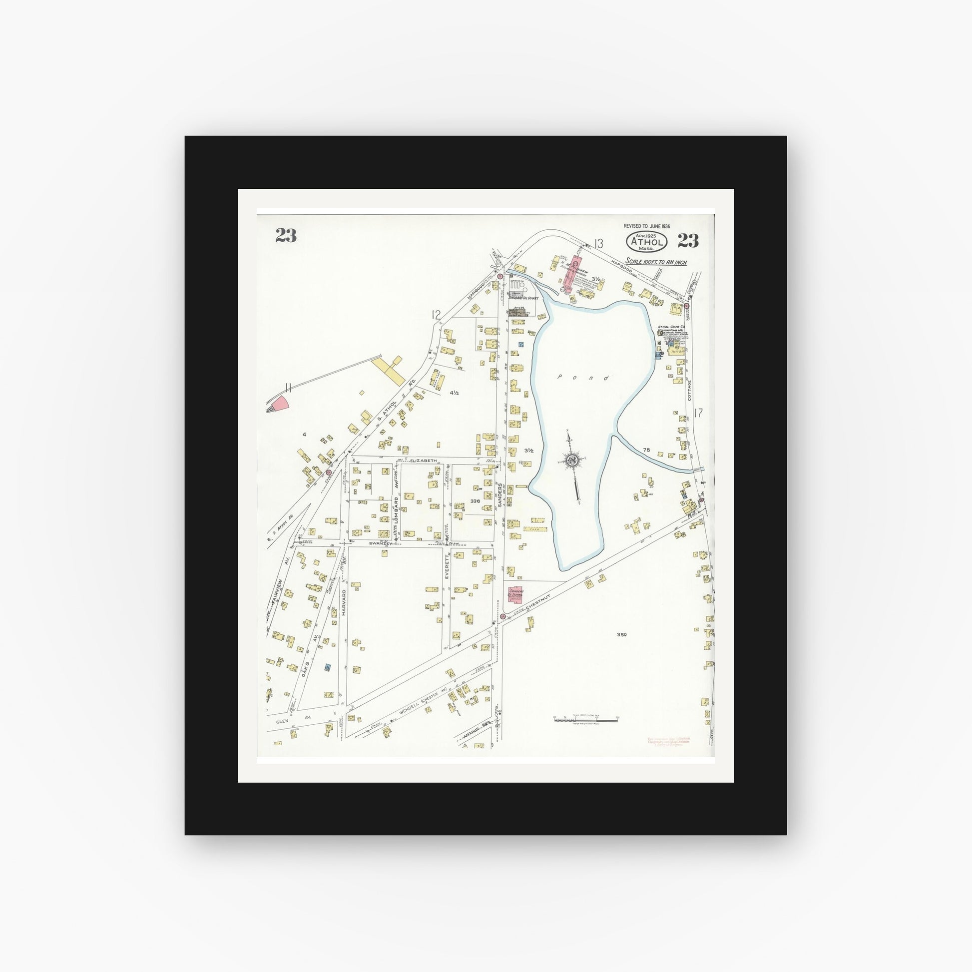 Old map wall art mockup — black gallery frame with white mat — Sanborn Fire Insurance Map from Athol, Worcester County, Massachusetts (1936), Sheet #0023