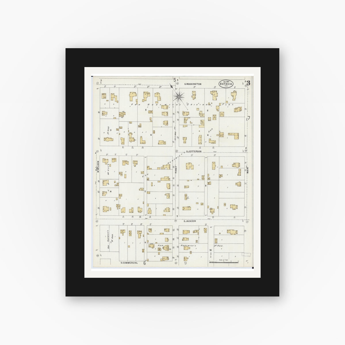Old map wall art mockup — black gallery frame with white mat — Sanborn Fire Insurance Map from Batavia, Kane County, Illinois (1897), Sheet #0003
