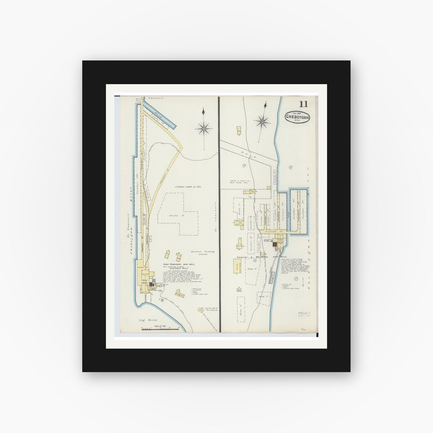 Old map wall art mockup — black gallery frame with white mat — Sanborn Fire Insurance Map from Cheboygan, Cheboygan County, Michigan (1890), Sheet #0011