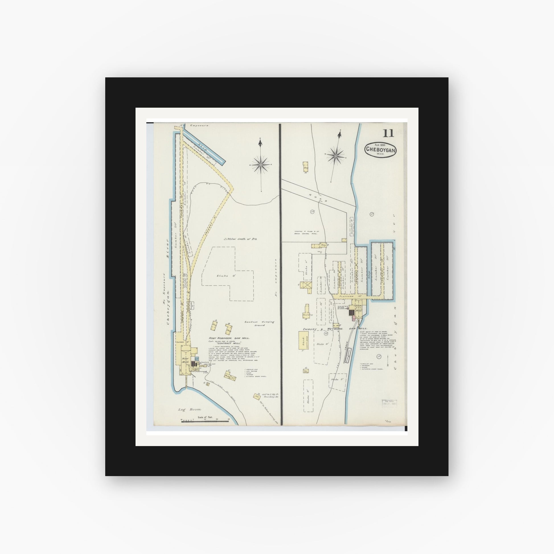 Old map wall art mockup — black gallery frame with white mat — Sanborn Fire Insurance Map from Cheboygan, Cheboygan County, Michigan (1890), Sheet #0011