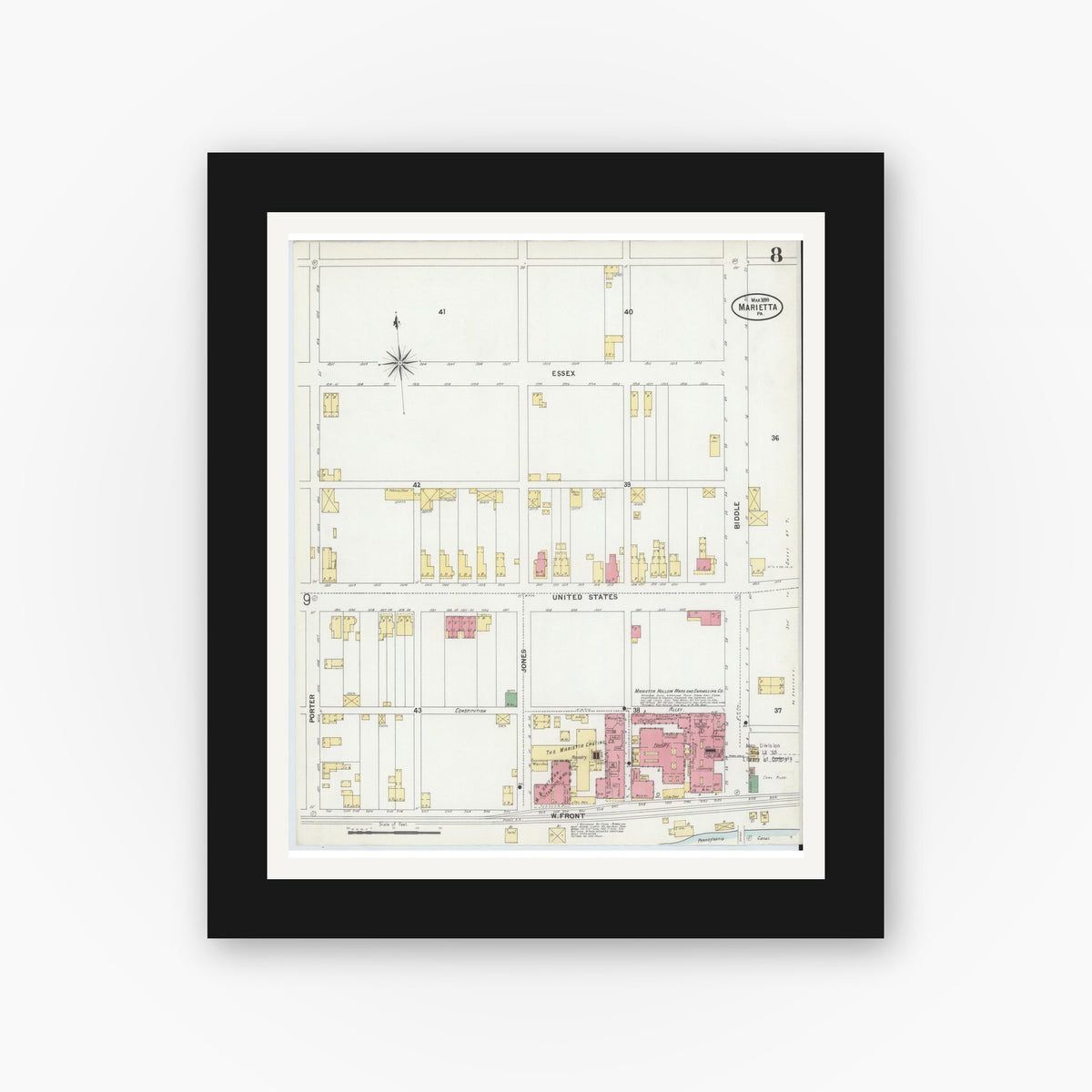 Old map wall art mockup — black gallery frame with white mat — Sanborn Fire Insurance Map from Marietta, Lancaster County, Pennsylvania (1899), Sheet #0008