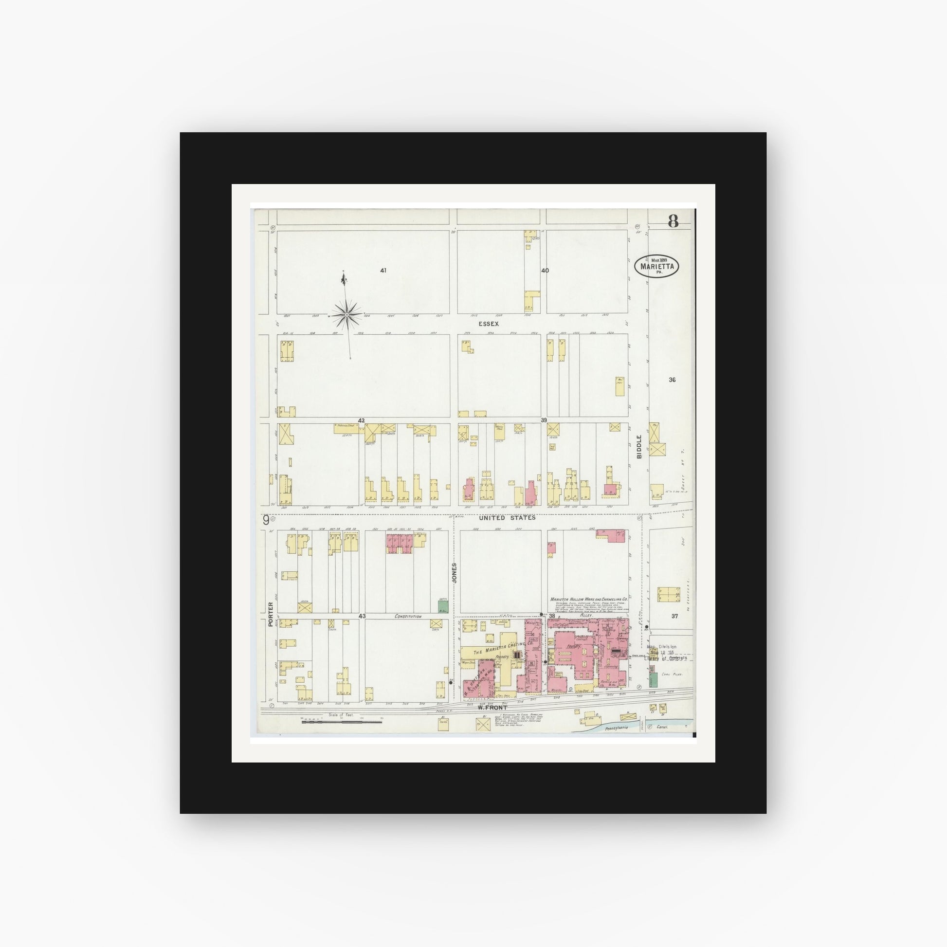 Old map wall art mockup — black gallery frame with white mat — Sanborn Fire Insurance Map from Marietta, Lancaster County, Pennsylvania (1899), Sheet #0008