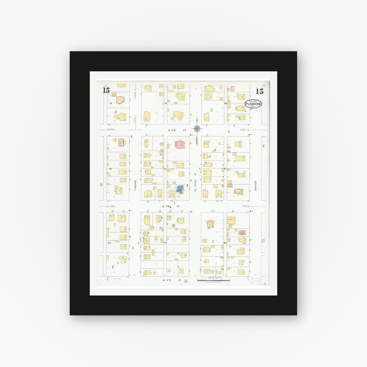Old map wall art mockup — black gallery frame with white mat — Sanborn Fire Insurance Map from Plainview, Hale County, Texas (1927), Sheet #0015