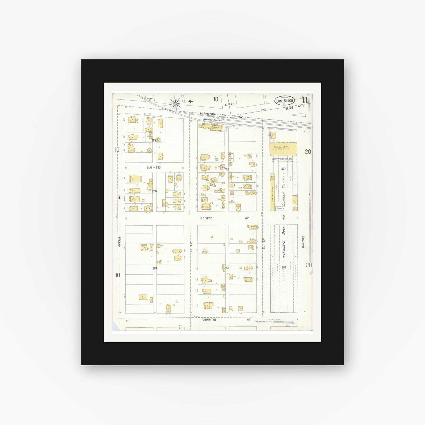 Old map wall art mockup — black gallery frame with white mat — Sanborn Fire Insurance Map from Long Beach, Los Angeles County, California (1905), Sheet #0011