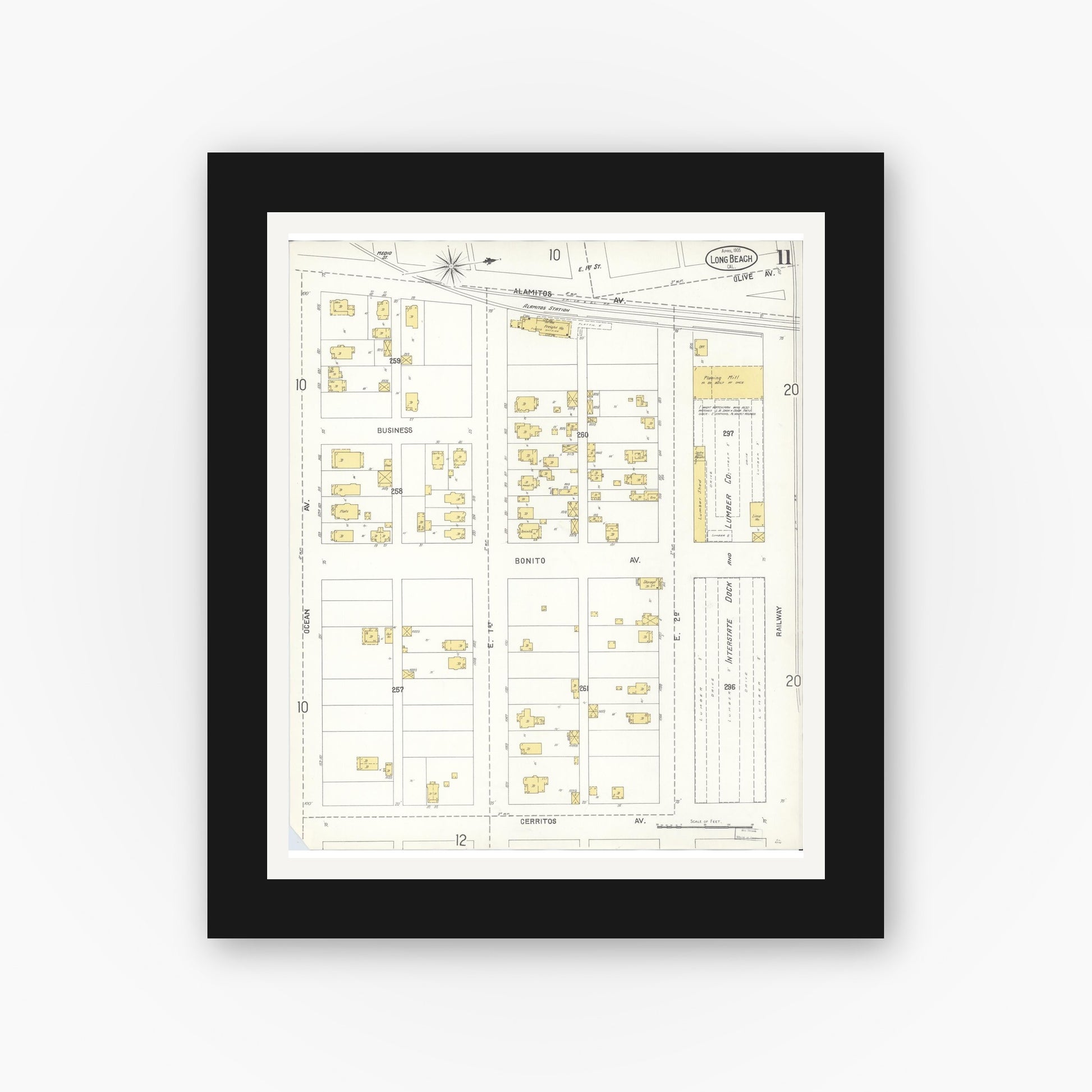 Old map wall art mockup — black gallery frame with white mat — Sanborn Fire Insurance Map from Long Beach, Los Angeles County, California (1905), Sheet #0011