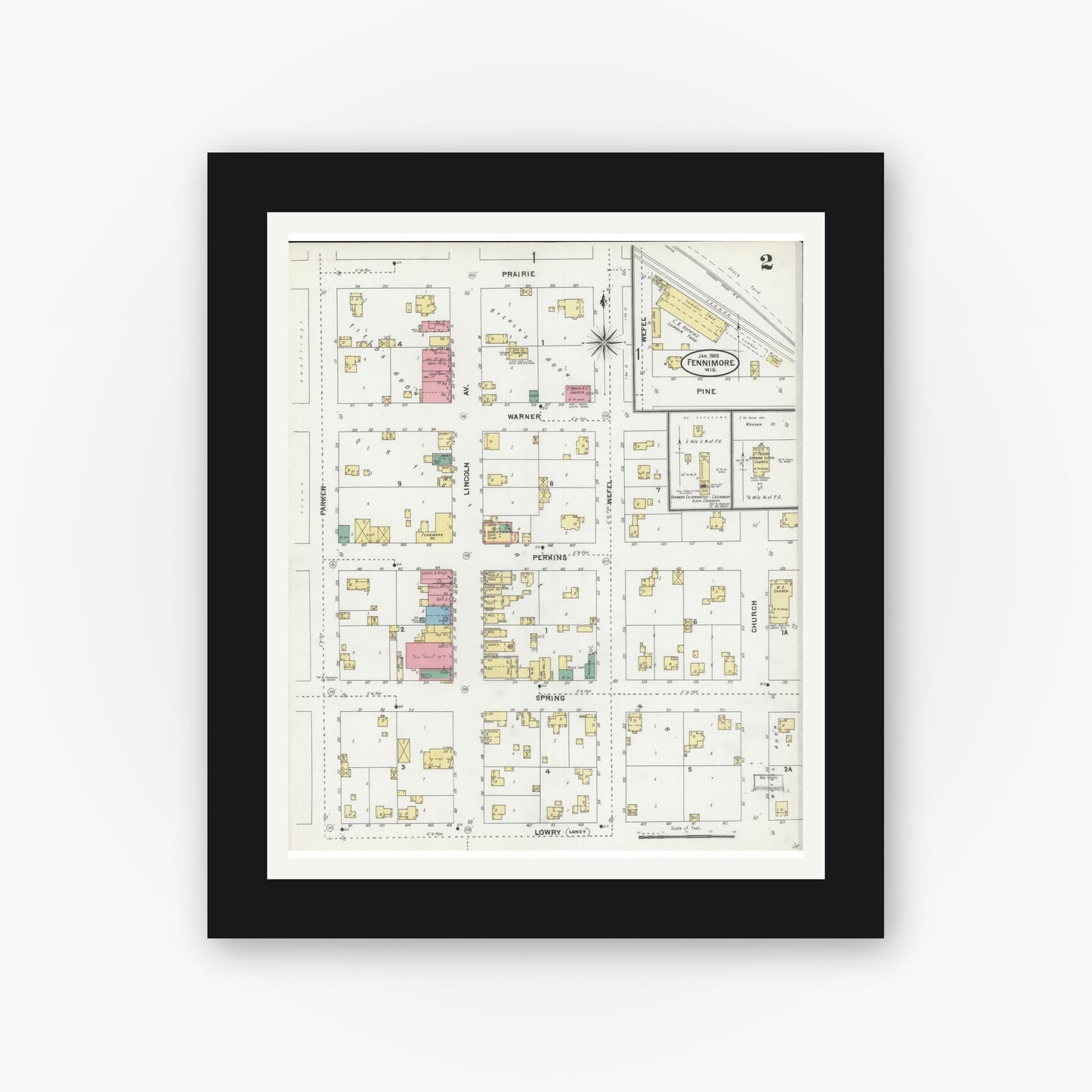 Old map wall art mockup — black gallery frame with white mat — Sanborn Fire Insurance Map from Fennimore, Grant County, Wisconsin (1905), Sheet #0002