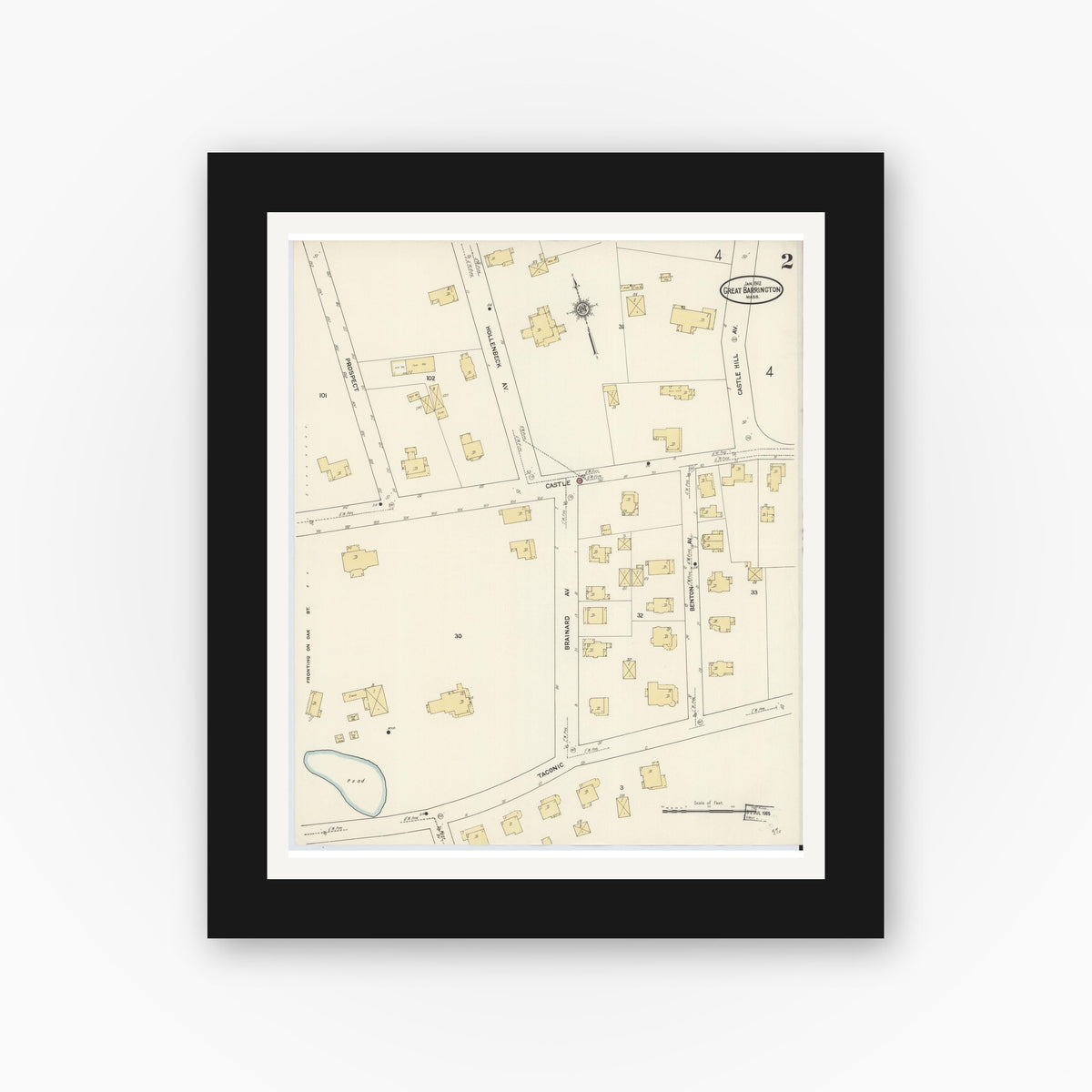 Old map wall art mockup — black gallery frame with white mat — Sanborn Fire Insurance Map from Great Barrington, Berkshire County, Massachusetts (1912), Sheet #0002