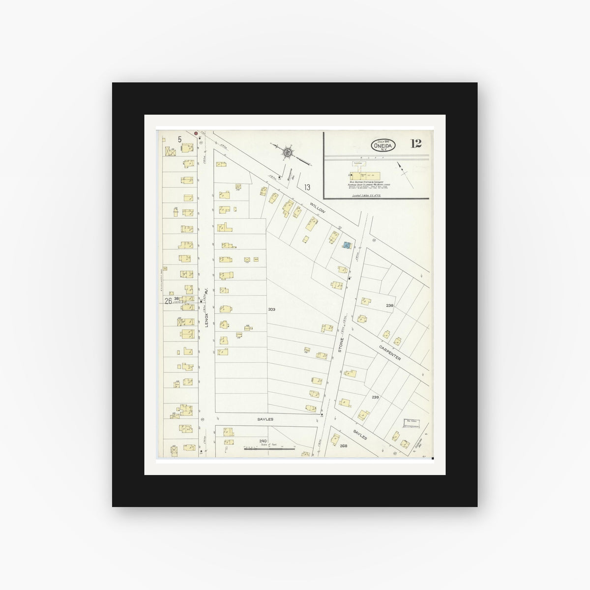 Old map wall art mockup — black gallery frame with white mat — Sanborn Fire Insurance Map from Oneida, Madison County, New York (1914), Sheet #0012