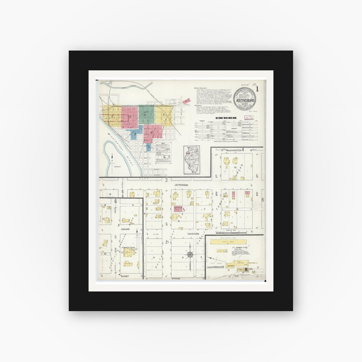 Old map wall art mockup — black gallery frame with white mat — Sanborn Fire Insurance Map from Keithsburg, Mercer County, Illinois (1913) - Complete Map Set