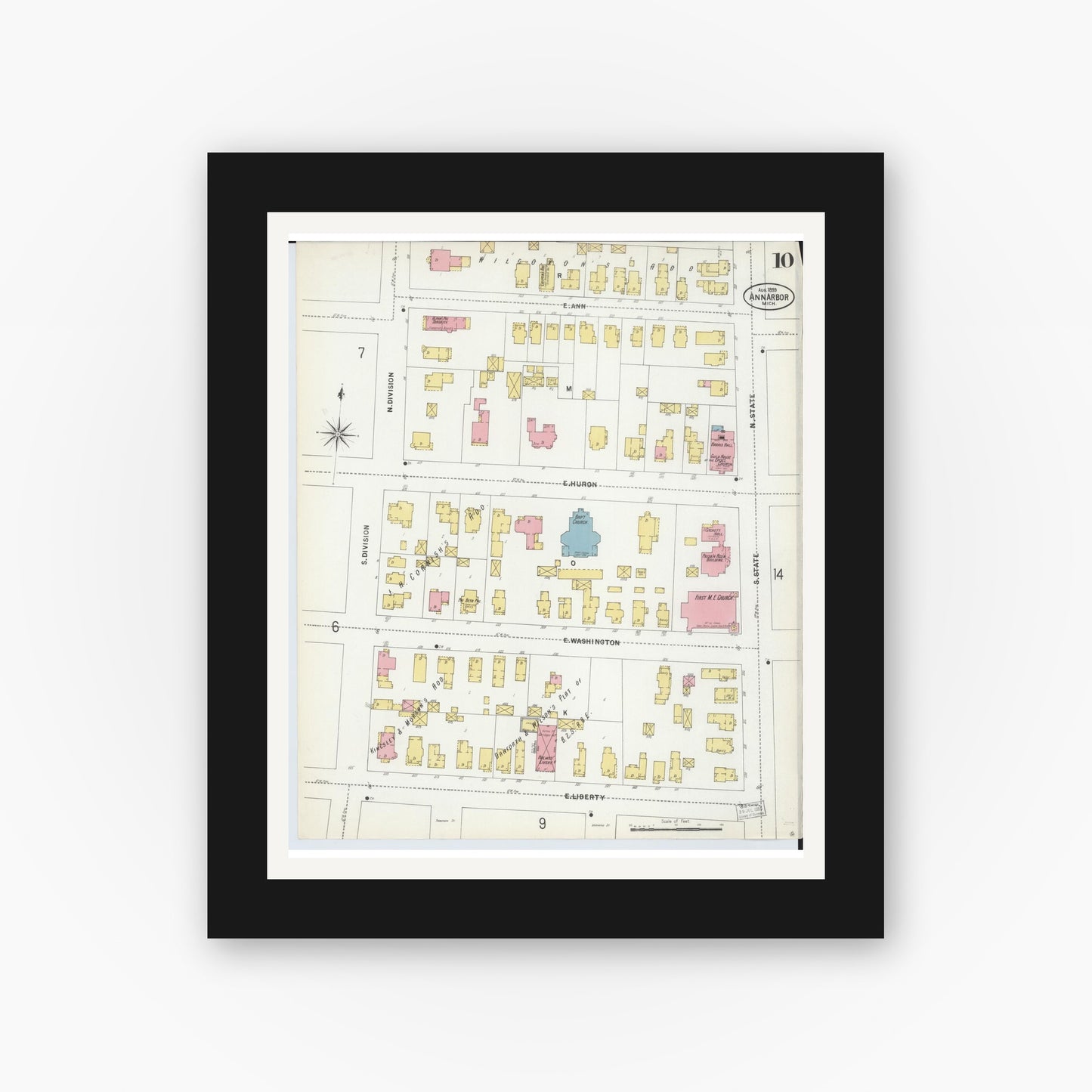 Old map wall art mockup — black gallery frame with white mat — Sanborn Fire Insurance Map from Ann Arbor, Washtenaw County, Michigan (1899), Sheet #0010