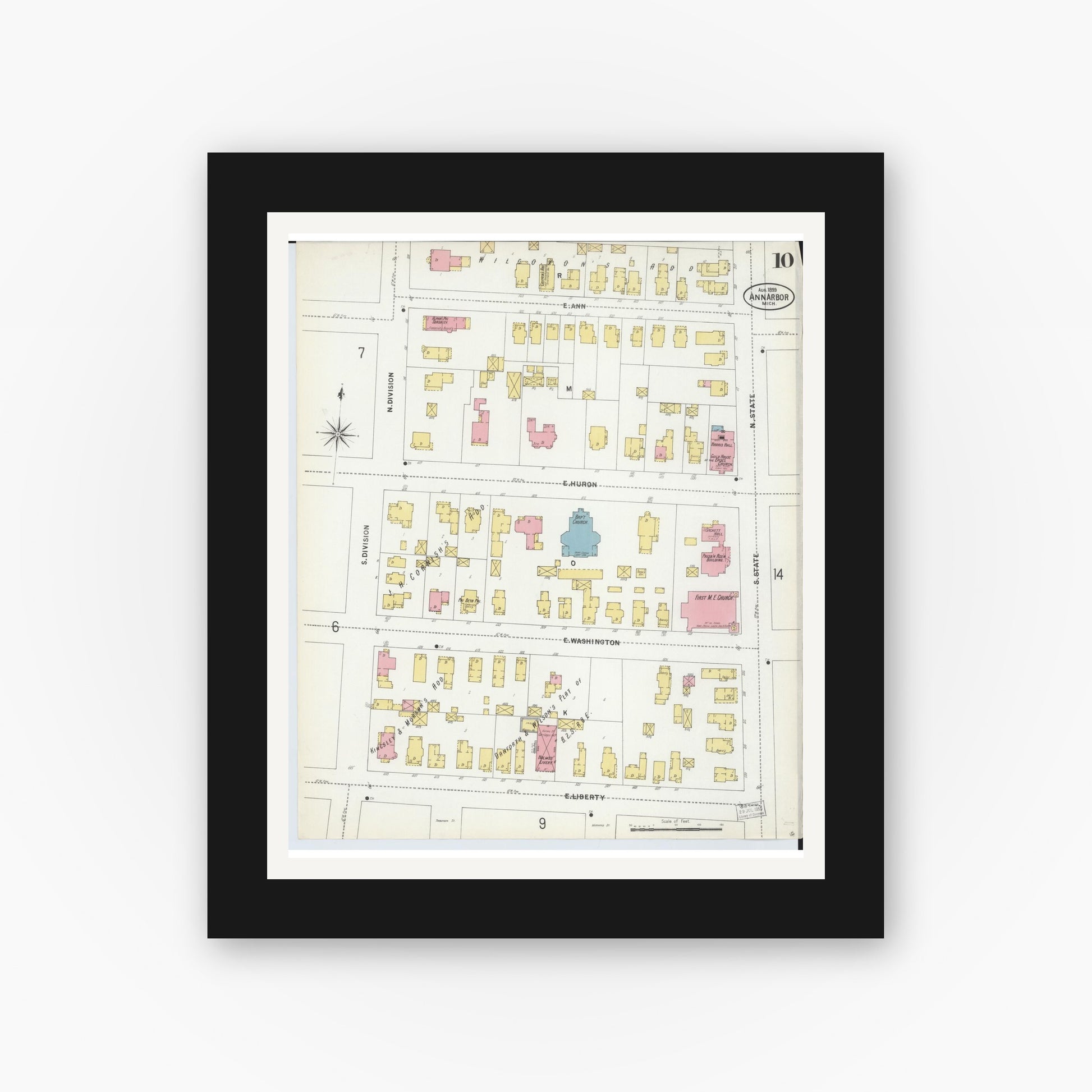 Old map wall art mockup — black gallery frame with white mat — Sanborn Fire Insurance Map from Ann Arbor, Washtenaw County, Michigan (1899), Sheet #0010