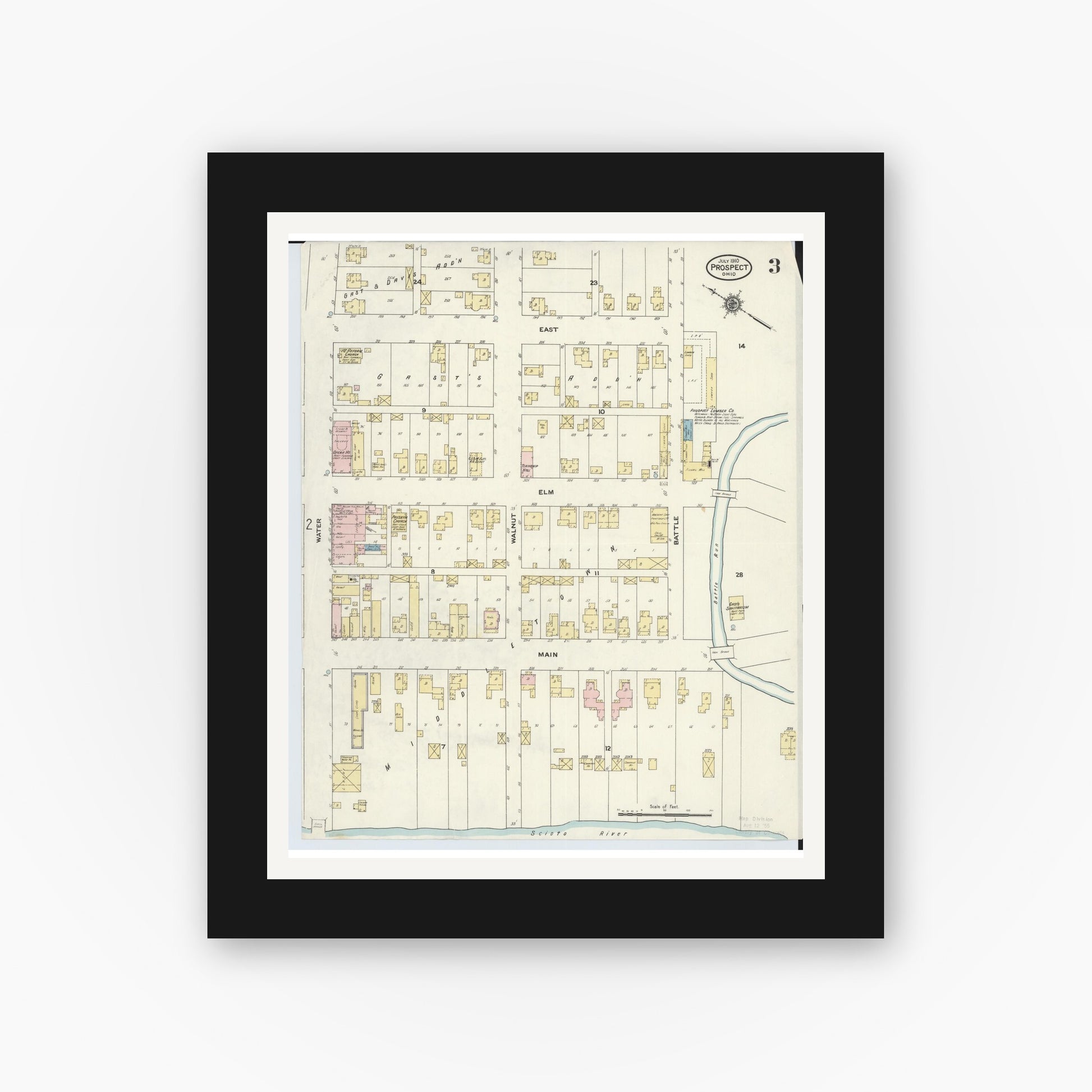 Old map wall art mockup — black gallery frame with white mat — Sanborn Fire Insurance Map from Prospect, Marion County, Ohio (1910), Sheet #0003