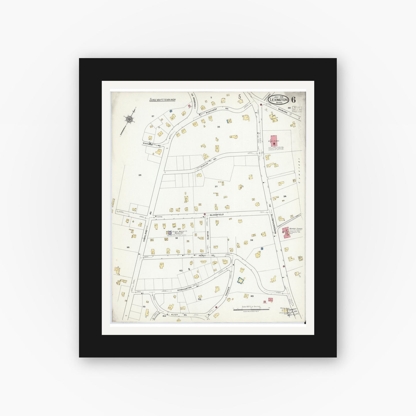 Old map wall art mockup — black gallery frame with white mat — Sanborn Fire Insurance Map from Lexington, Middlesex County, Massachusetts (1918), Sheet #0006