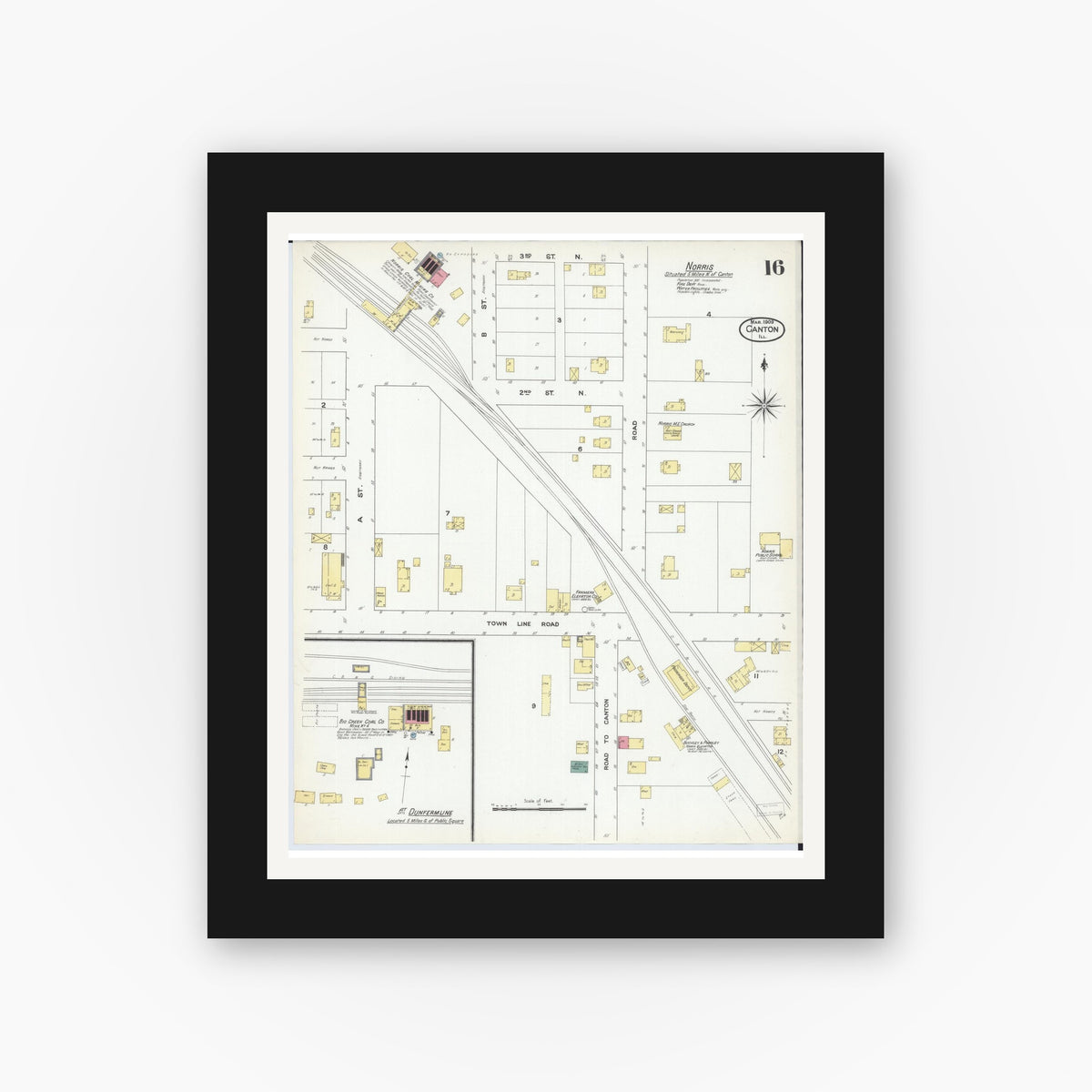 Old map wall art mockup — black gallery frame with white mat — Sanborn Fire Insurance Map from Canton, Fulton County, Illinois (1909), Sheet #0016