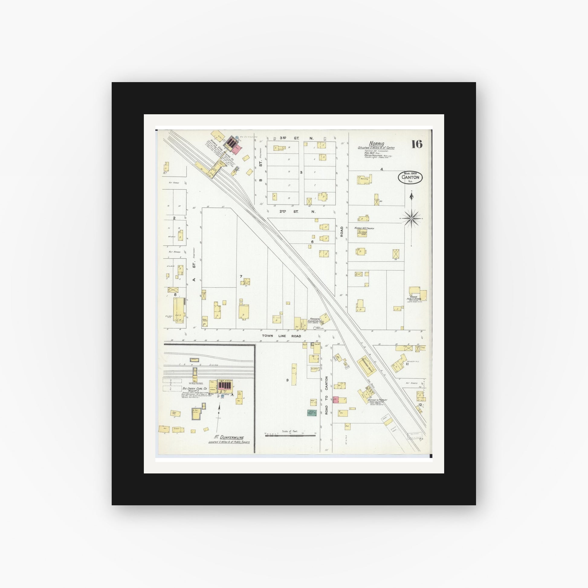 Old map wall art mockup — black gallery frame with white mat — Sanborn Fire Insurance Map from Canton, Fulton County, Illinois (1909), Sheet #0016