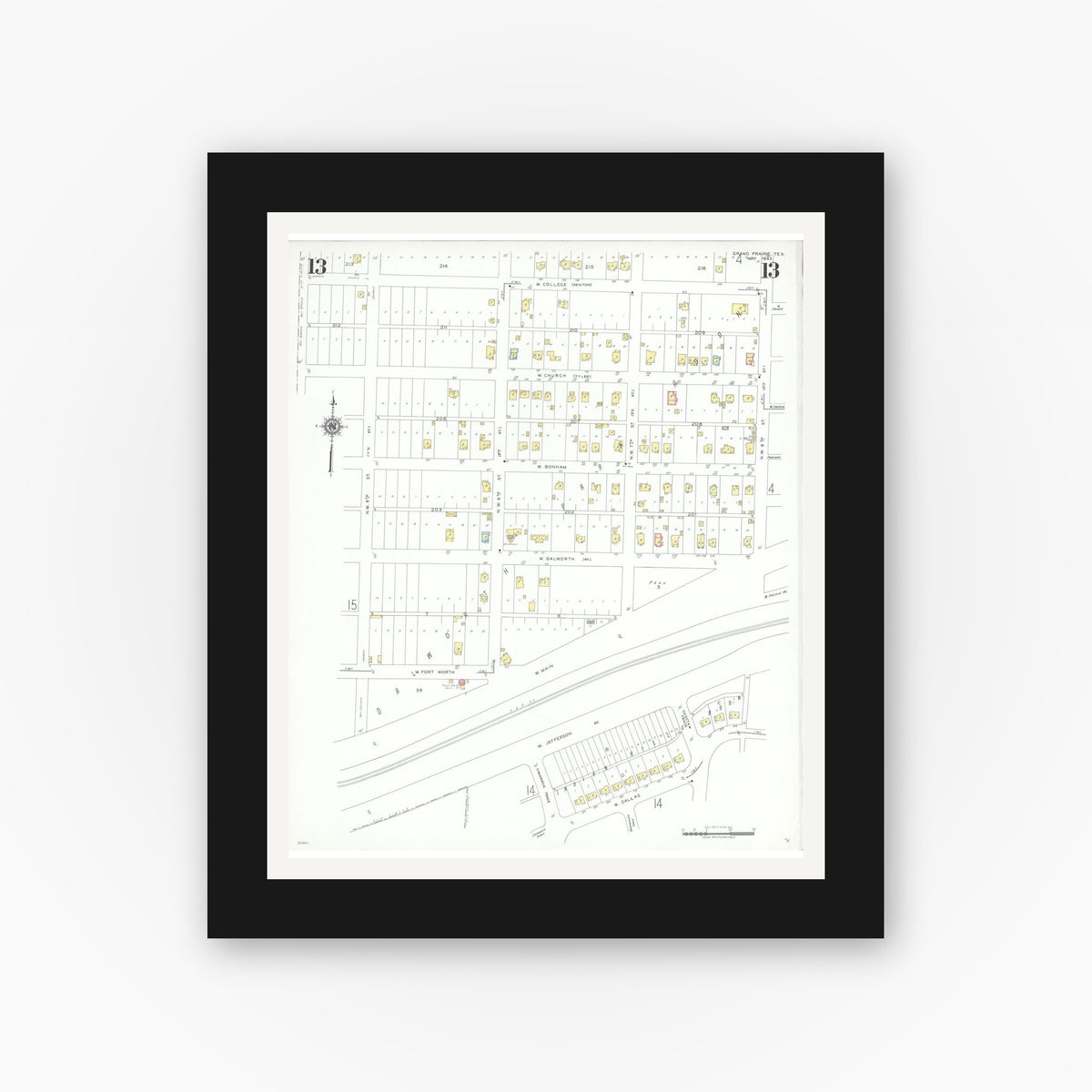 Old map wall art mockup — black gallery frame with white mat — Sanborn Fire Insurance Map from Grand Prairie, Dallas County, Texas (1943), Sheet #0013