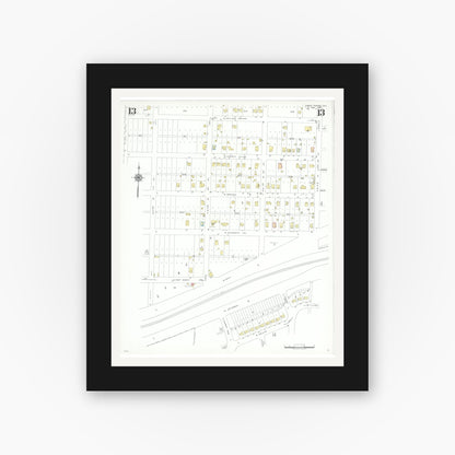 Old map wall art mockup — black gallery frame with white mat — Sanborn Fire Insurance Map from Grand Prairie, Dallas County, Texas (1943), Sheet #0013