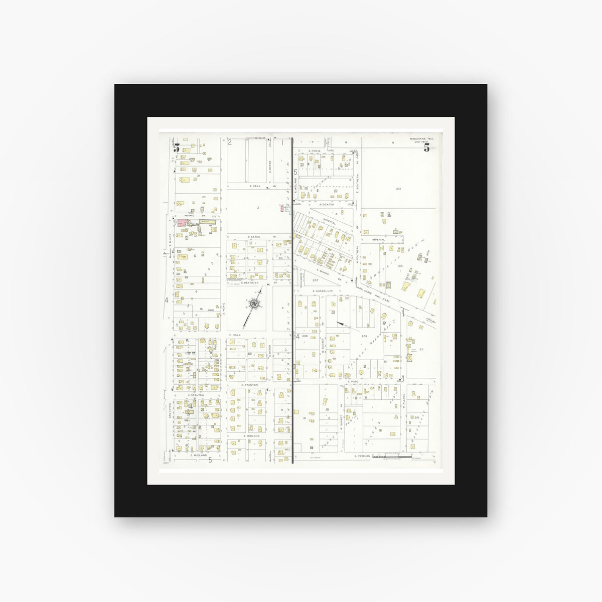 Old map wall art mockup — black gallery frame with white mat — Sanborn Fire Insurance Map from Monahans, Ward County, Texas (1940), Sheet #0005