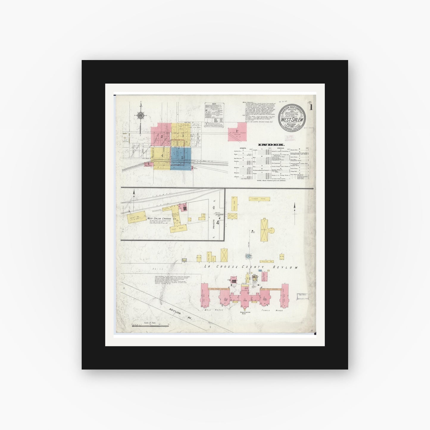 Old map wall art mockup — black gallery frame with white mat — Sanborn Fire Insurance Map from West Salem, La Crosse County, Wisconsin (1910) - Complete Map Set