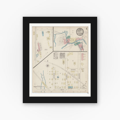Old map wall art mockup — black gallery frame with white mat — Sanborn Fire Insurance Map from Blackstone, Worcester County, Massachusetts (1885) - Complete Map Set