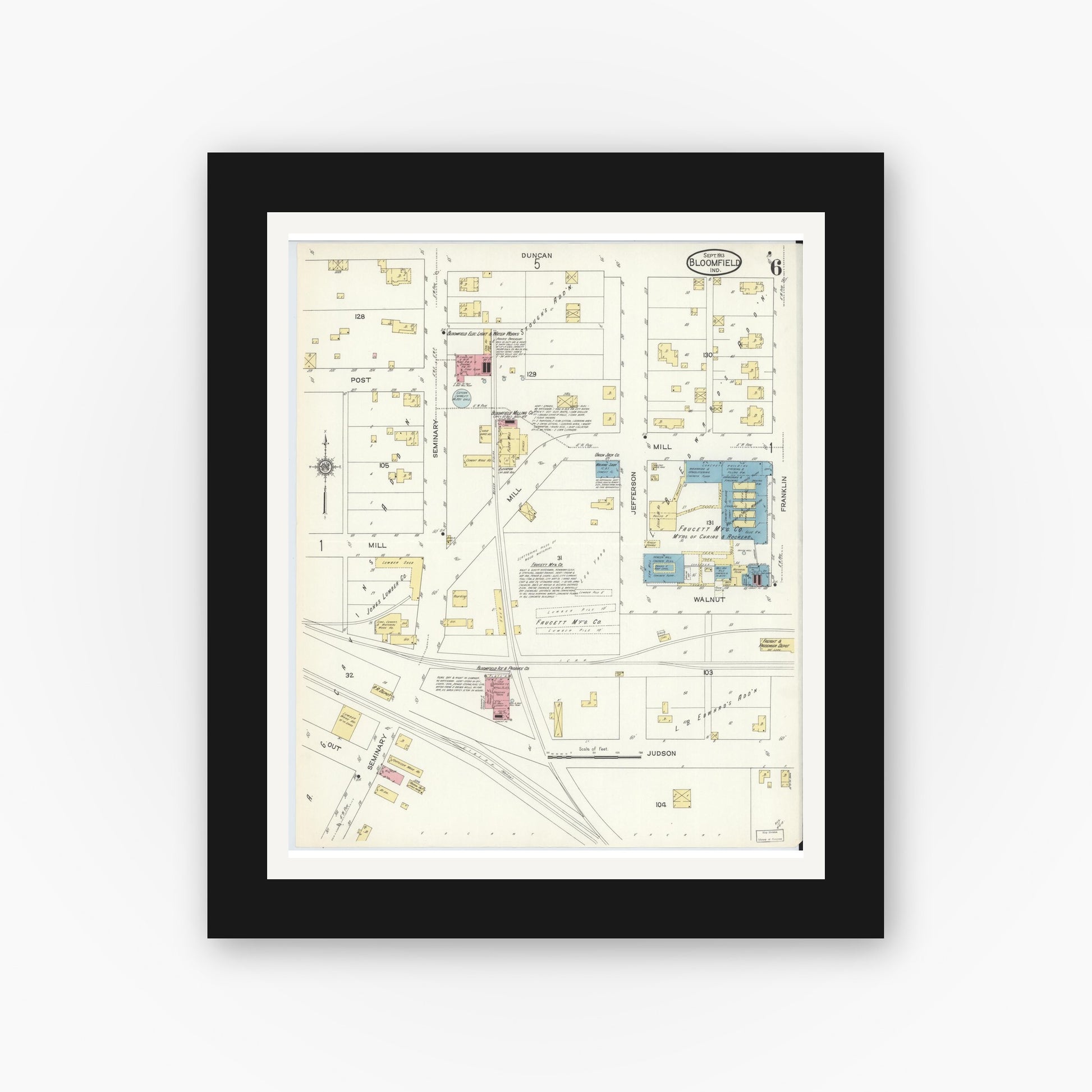 Old map wall art mockup — black gallery frame with white mat — Sanborn Fire Insurance Map from Bloomfield, Greene County, Indiana (1913), Sheet #0006