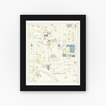 Old map wall art mockup — black gallery frame with white mat — Sanborn Fire Insurance Map from Bloomfield, Greene County, Indiana (1913), Sheet #0006
