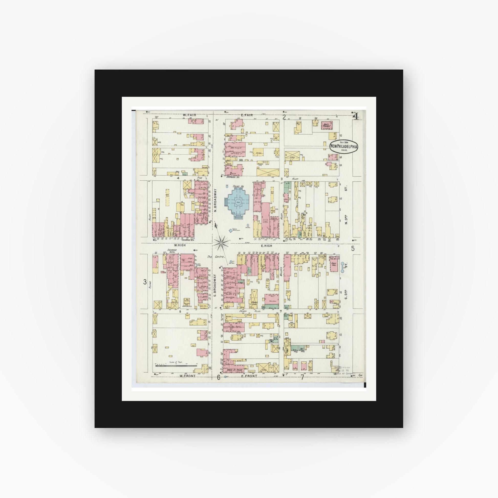 Old map wall art mockup — black gallery frame with white mat — Sanborn Fire Insurance Map from New Philadelphia, Tuscarawas County, Ohio (1896), Sheet #0004