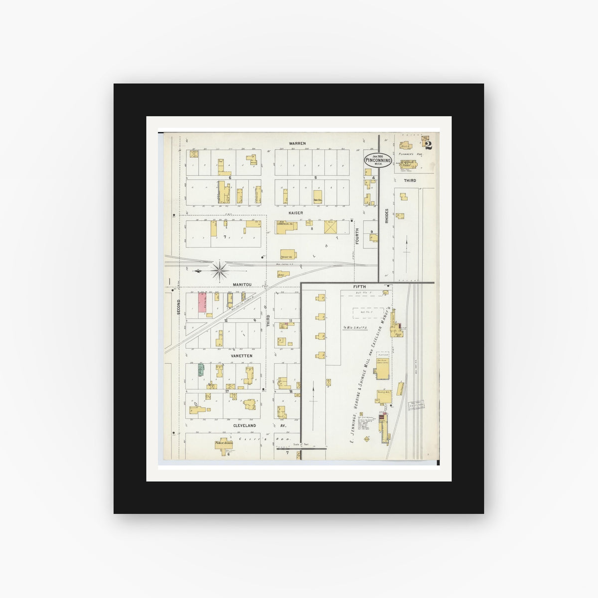 Old map wall art mockup — black gallery frame with white mat — Sanborn Fire Insurance Map from Pinconning, Bay County, Michigan (1900), Sheet #0002