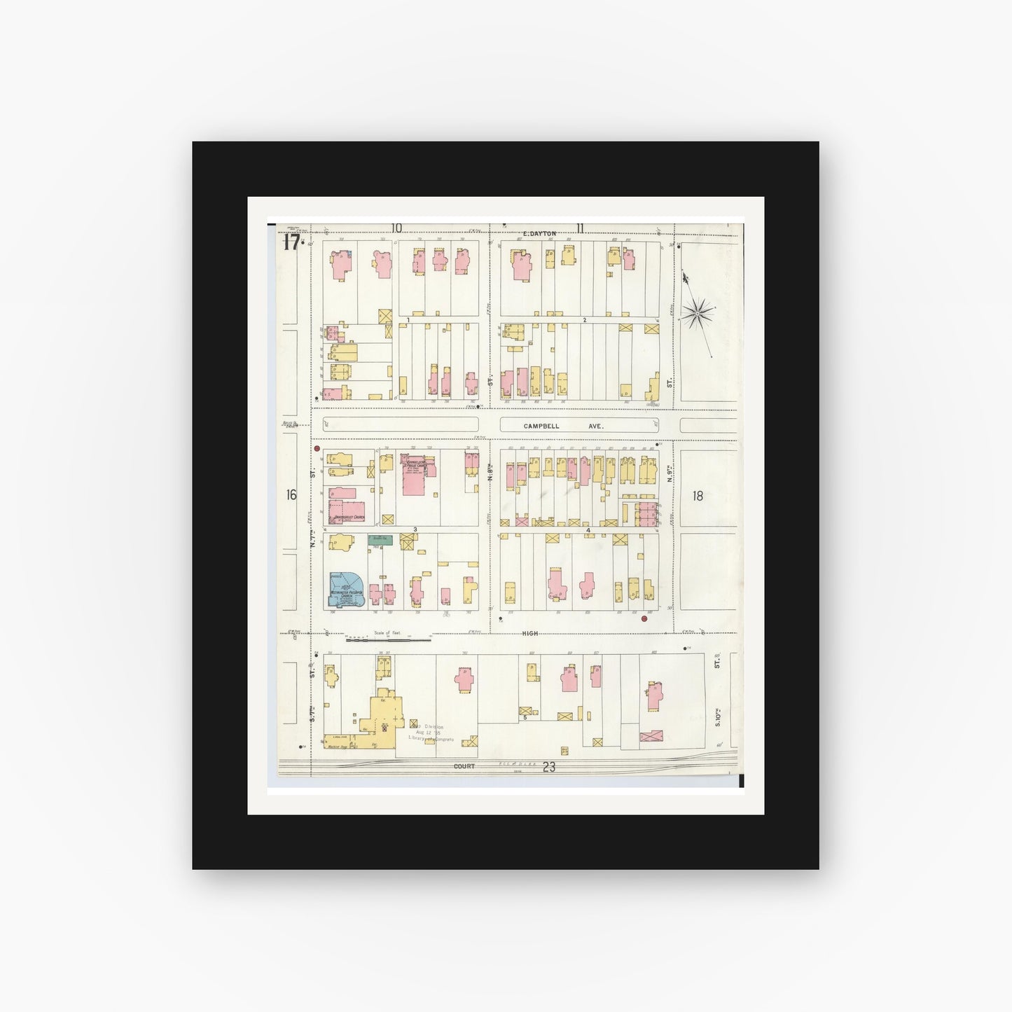 Old map wall art mockup — black gallery frame with white mat — Sanborn Fire Insurance Map from Hamilton, Butler County, Ohio (1899), Sheet #0017
