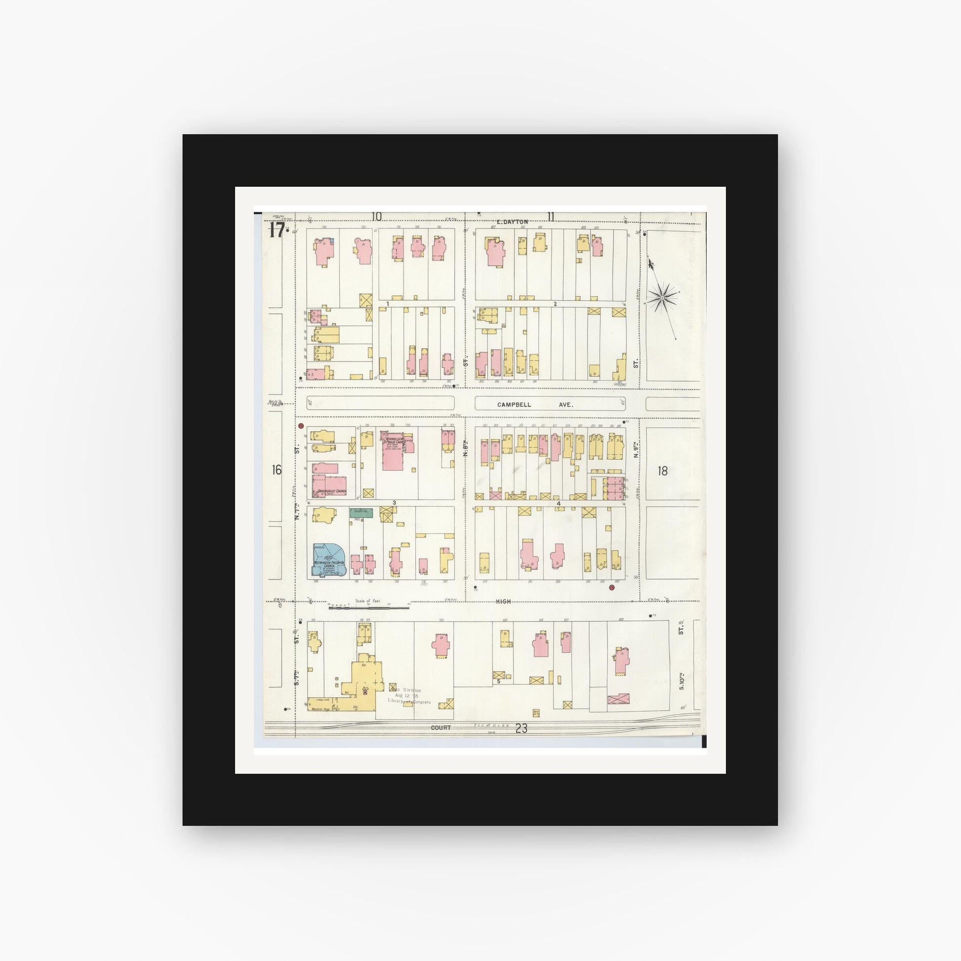 Old map wall art mockup — black gallery frame with white mat — Sanborn Fire Insurance Map from Hamilton, Butler County, Ohio (1899), Sheet #0017
