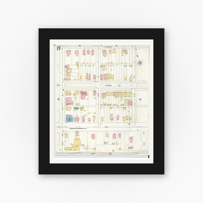 Old map wall art mockup — black gallery frame with white mat — Sanborn Fire Insurance Map from Hamilton, Butler County, Ohio (1899), Sheet #0017