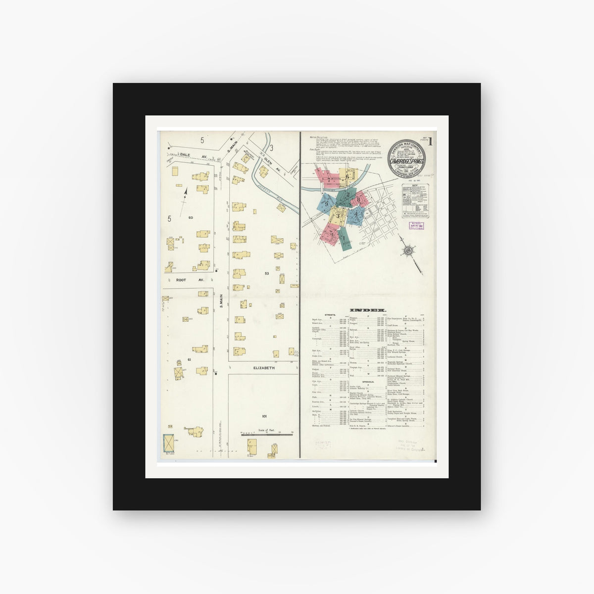 Old map wall art mockup — black gallery frame with white mat — Sanborn Fire Insurance Map from Cambridge Springs, Crawford County, Pennsylvania (1911) - Complete Map Set
