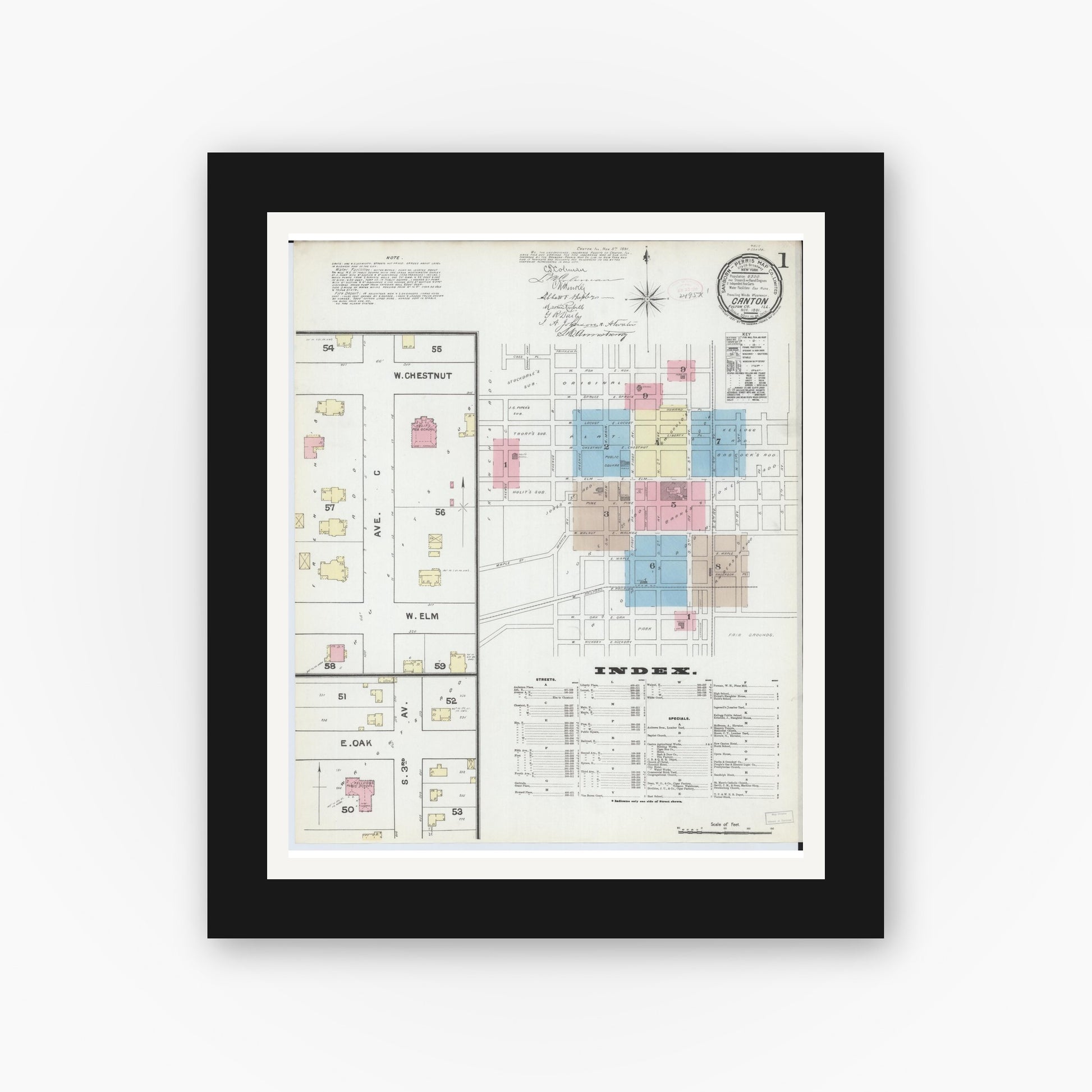 Old map wall art mockup — black gallery frame with white mat — Sanborn Fire Insurance Map from Canton, Fulton County, Illinois (1891) - Complete Map Set
