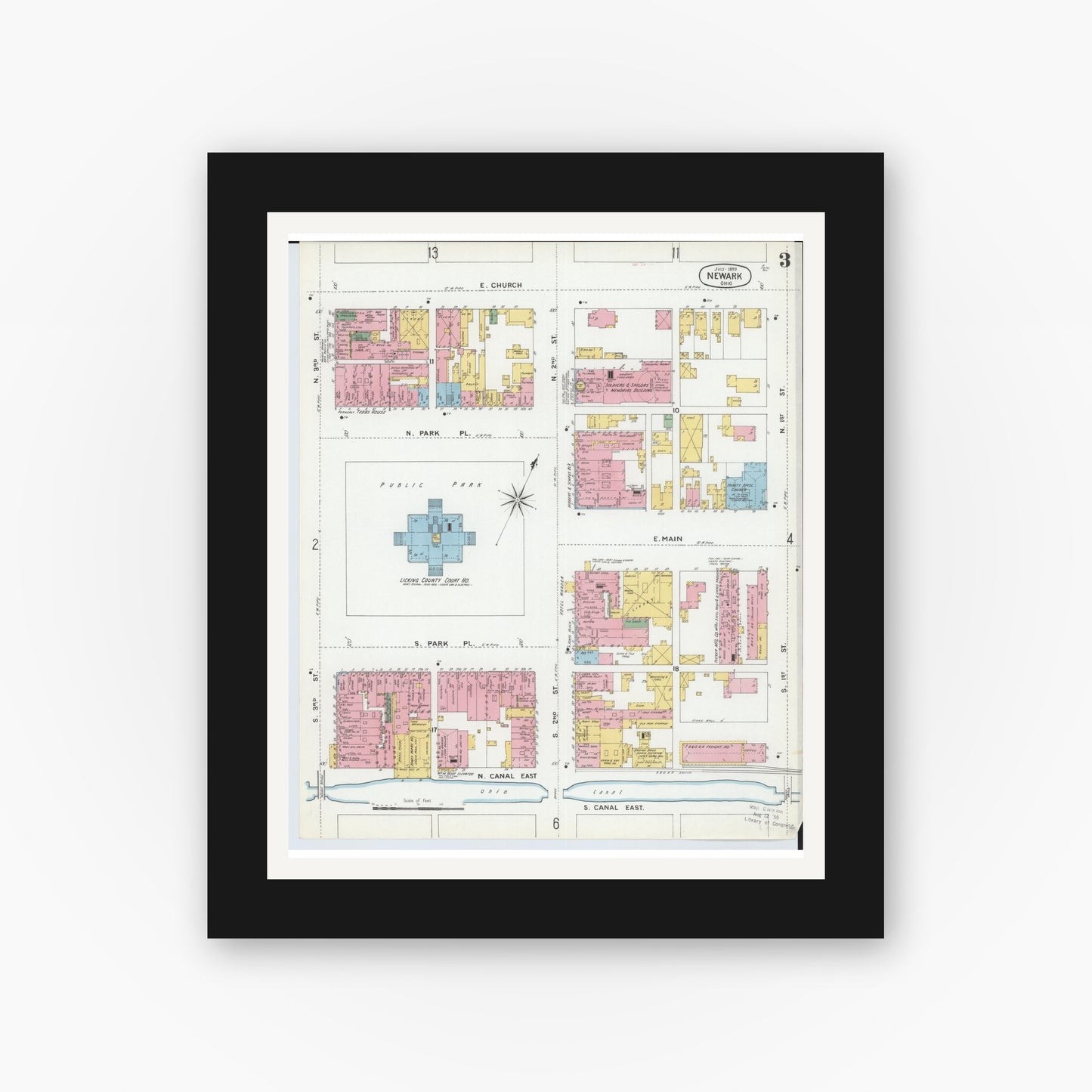 Old map wall art mockup — black gallery frame with white mat — Sanborn Fire Insurance Map from Newark, Licking County, Ohio (1899), Sheet #0003