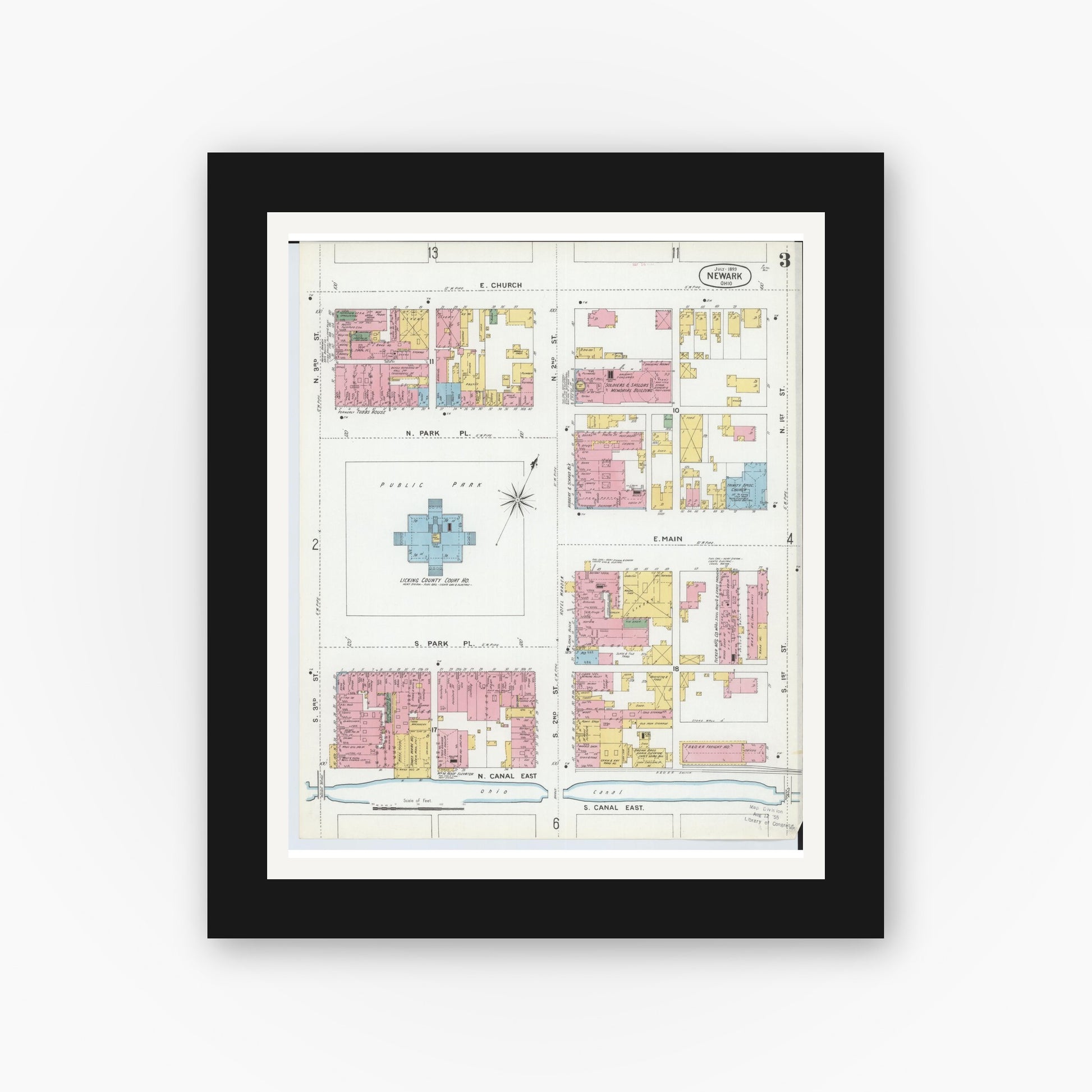 Old map wall art mockup — black gallery frame with white mat — Sanborn Fire Insurance Map from Newark, Licking County, Ohio (1899), Sheet #0003
