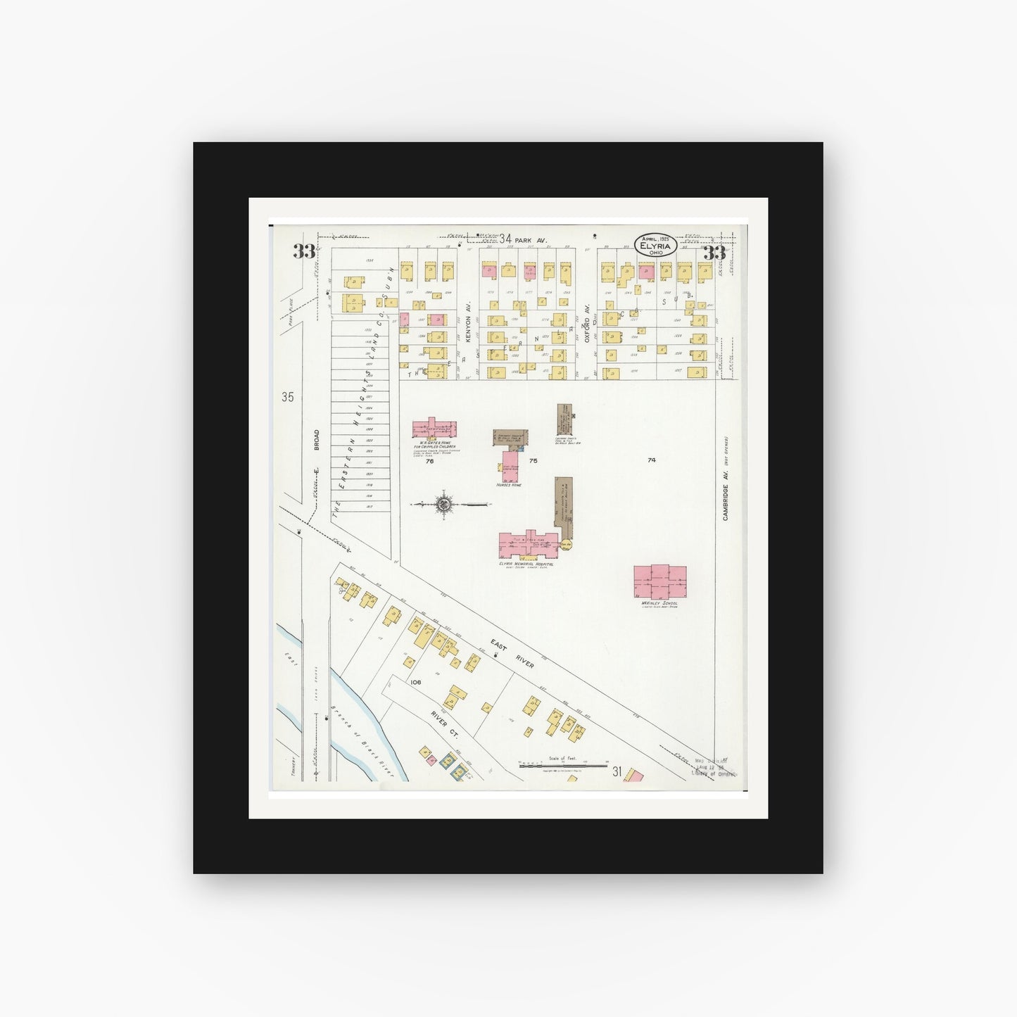 Old map wall art mockup — black gallery frame with white mat — Sanborn Fire Insurance Map from Elyria, Lorain County, Ohio (1925), Sheet #0033