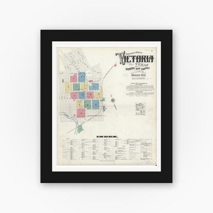 Old map wall art mockup — black gallery frame with white mat — Sanborn Fire Insurance Map from Victoria, Victoria County, Texas (1912) - Complete Map Set