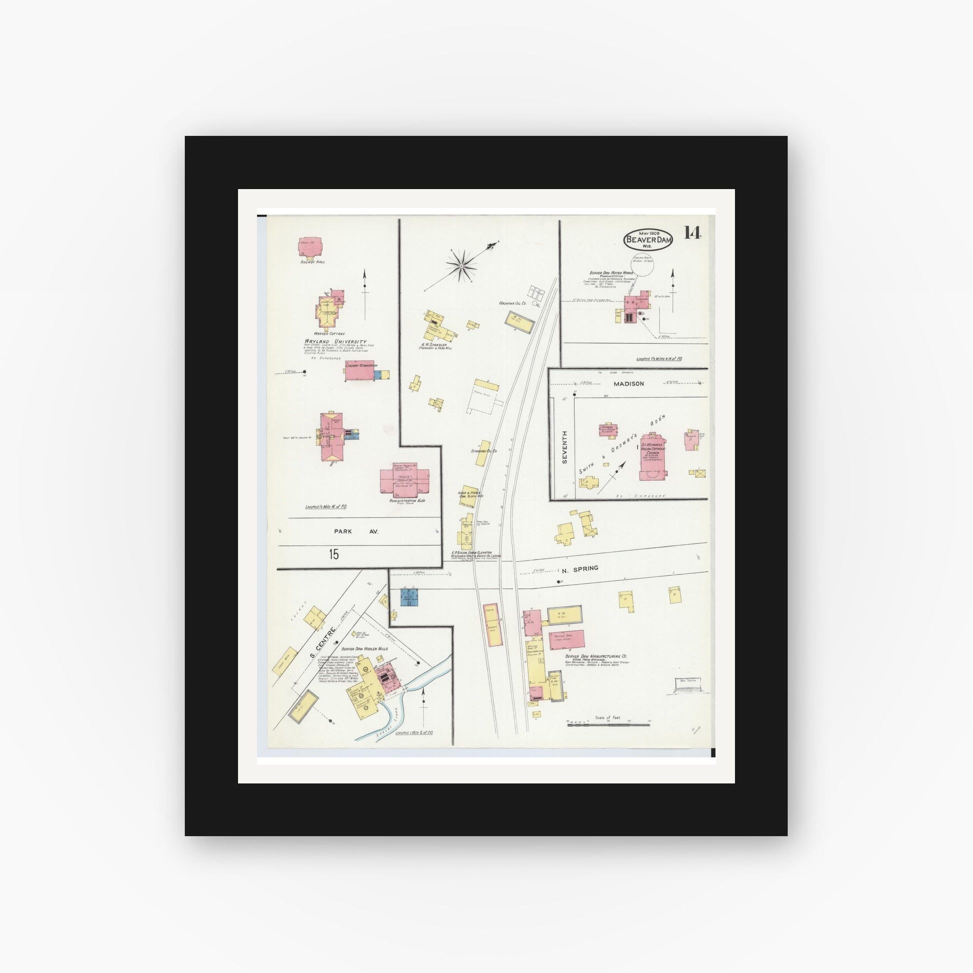 Old map wall art mockup — black gallery frame with white mat — Sanborn Fire Insurance Map from Beaver Dam, Dodge County, Wisconsin (1909), Sheet #0014