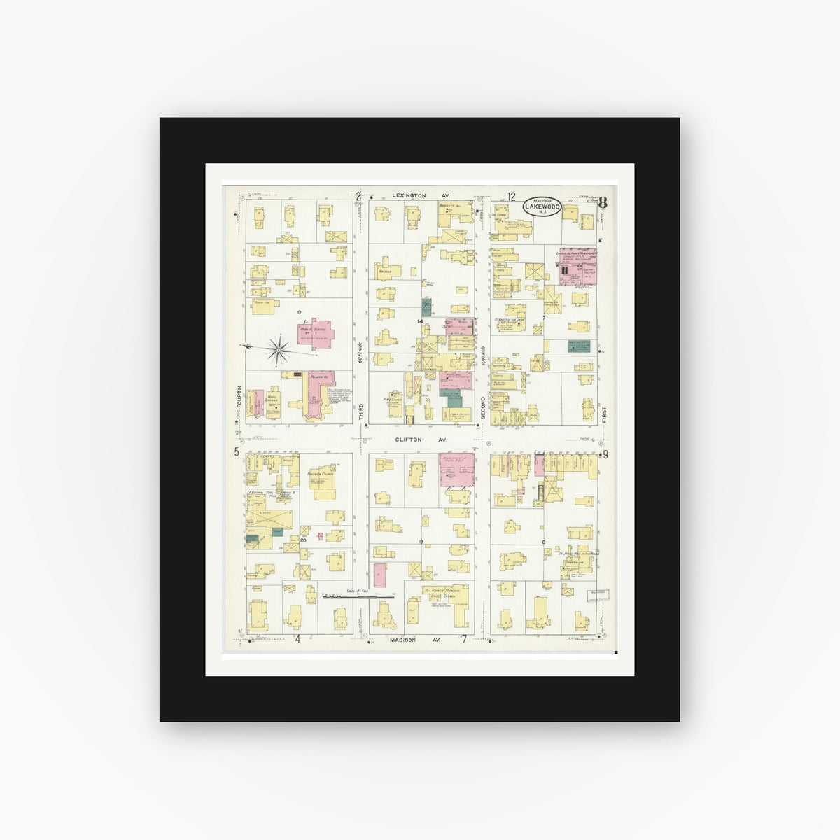 Old map wall art mockup — black gallery frame with white mat — Sanborn Fire Insurance Map from Lakewood, Ocean County, New Jersey (1909), Sheet #0008