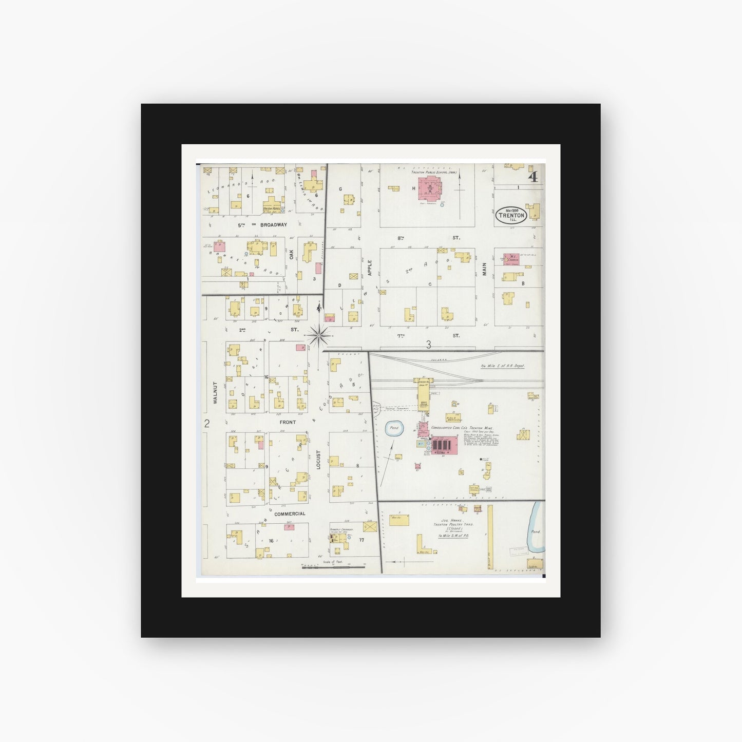 Old map wall art mockup — black gallery frame with white mat — Sanborn Fire Insurance Map from Trenton, Clinton County, Illinois (1899), Sheet #0004