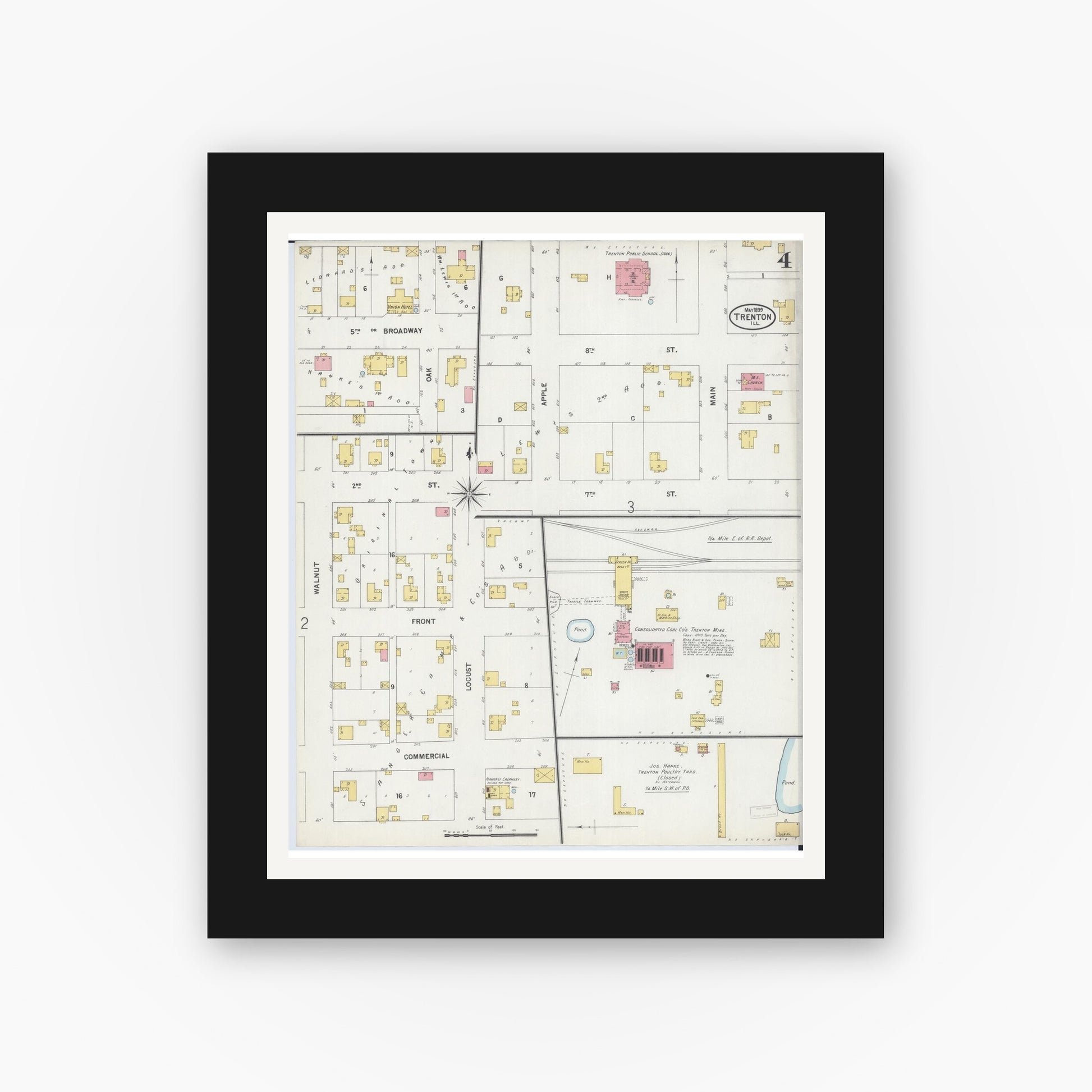 Old map wall art mockup — black gallery frame with white mat — Sanborn Fire Insurance Map from Trenton, Clinton County, Illinois (1899), Sheet #0004