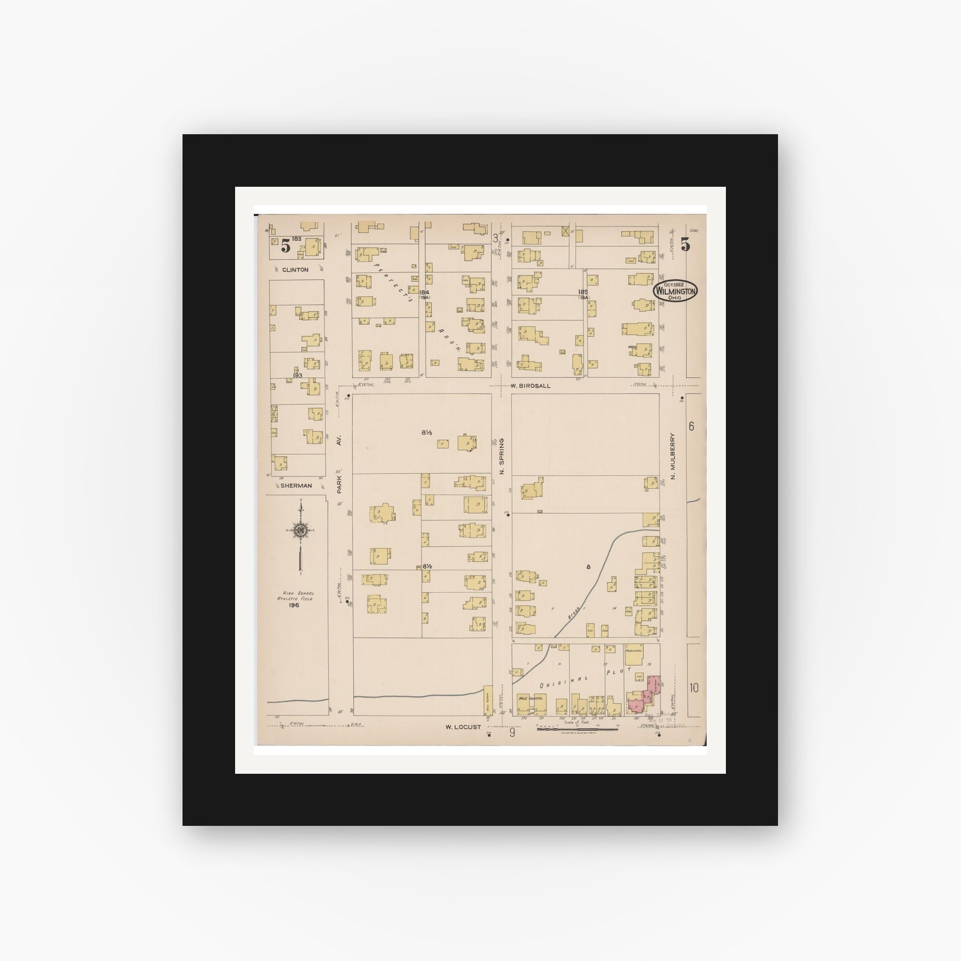 Old map wall art mockup — black gallery frame with white mat — Sanborn Fire Insurance Map from Wilmington, Clinton County, Ohio (1922), Sheet #0005