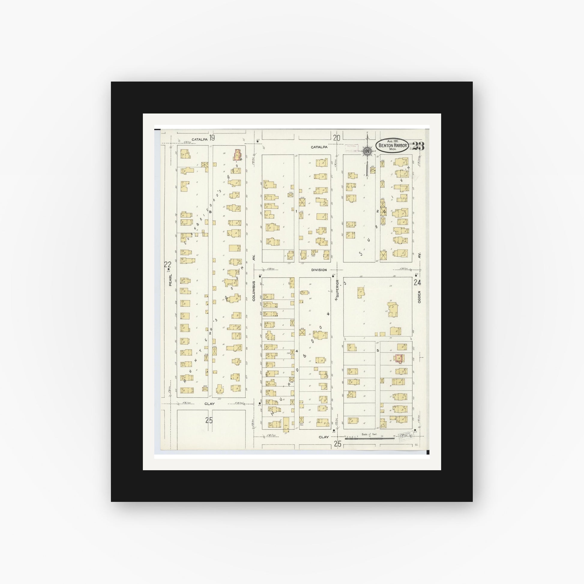 Old map wall art mockup — black gallery frame with white mat — Sanborn Fire Insurance Map from Benton Harbor, Berrien County, Michigan (1911), Sheet #0023