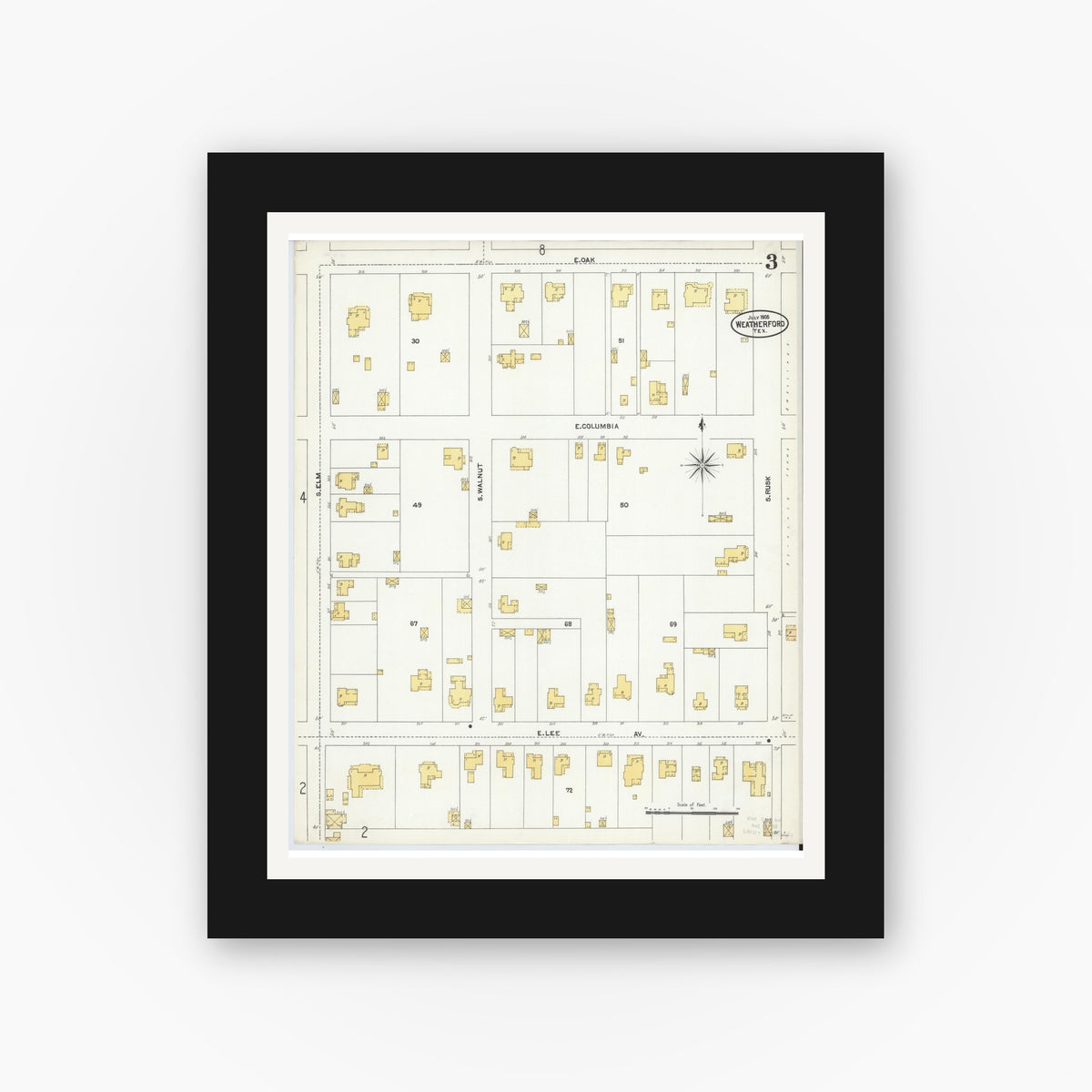 Old map wall art mockup — black gallery frame with white mat — Sanborn Fire Insurance Map from Weatherford, Parker County, Texas (1905), Sheet #0003