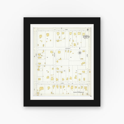 Old map wall art mockup — black gallery frame with white mat — Sanborn Fire Insurance Map from Weatherford, Parker County, Texas (1905), Sheet #0003