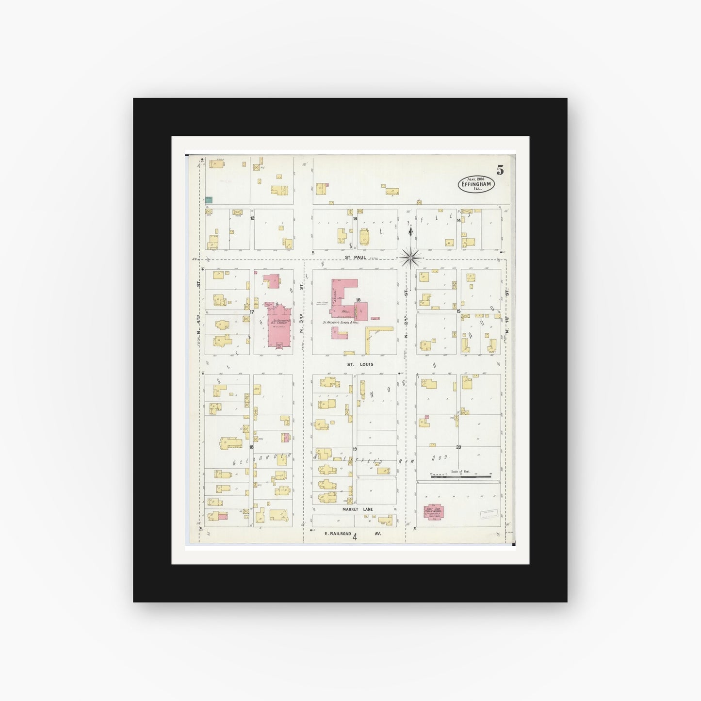 Old map wall art mockup — black gallery frame with white mat — Sanborn Fire Insurance Map from Effingham, Effingham County, Illinois (1906), Sheet #0005