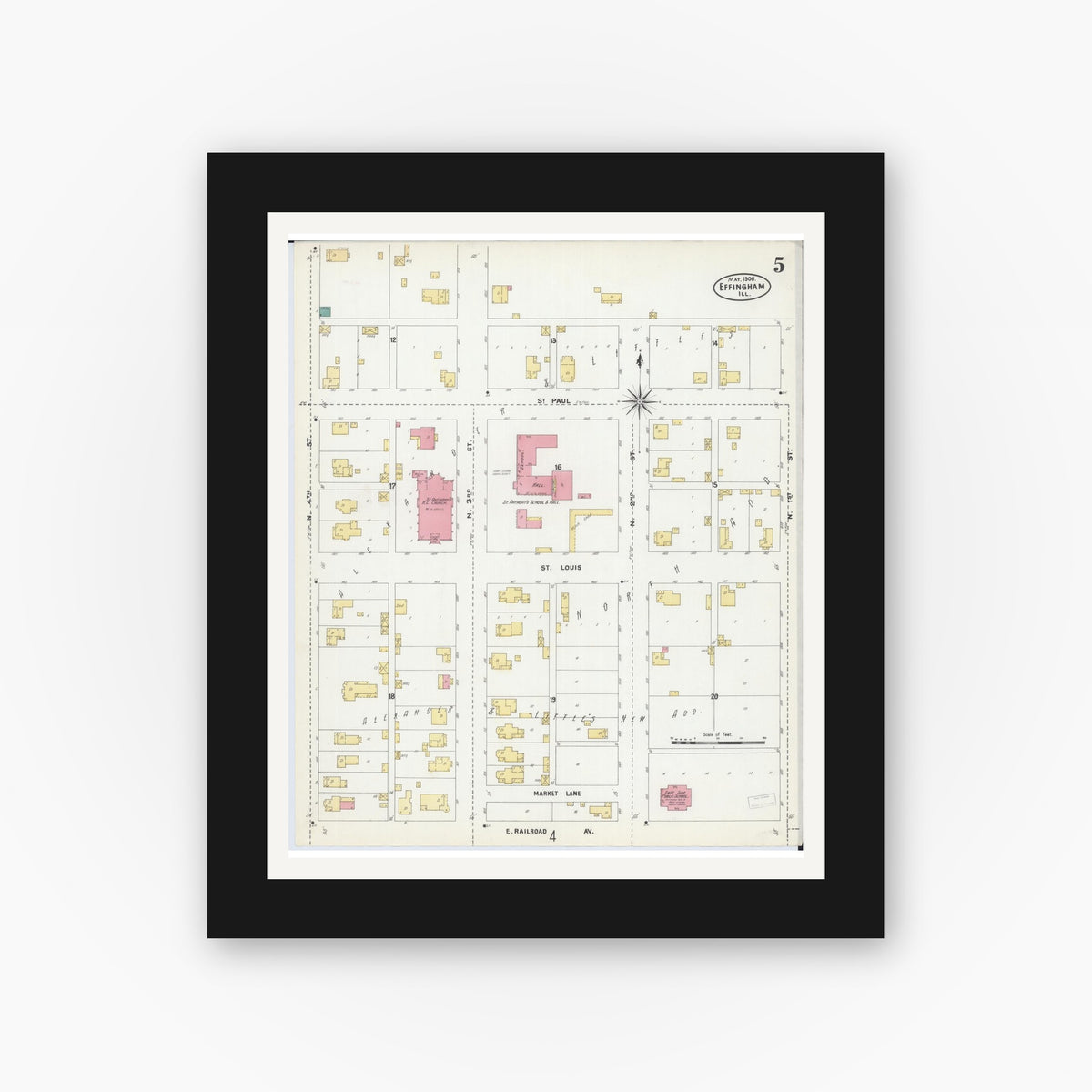 Old map wall art mockup — black gallery frame with white mat — Sanborn Fire Insurance Map from Effingham, Effingham County, Illinois (1906), Sheet #0005